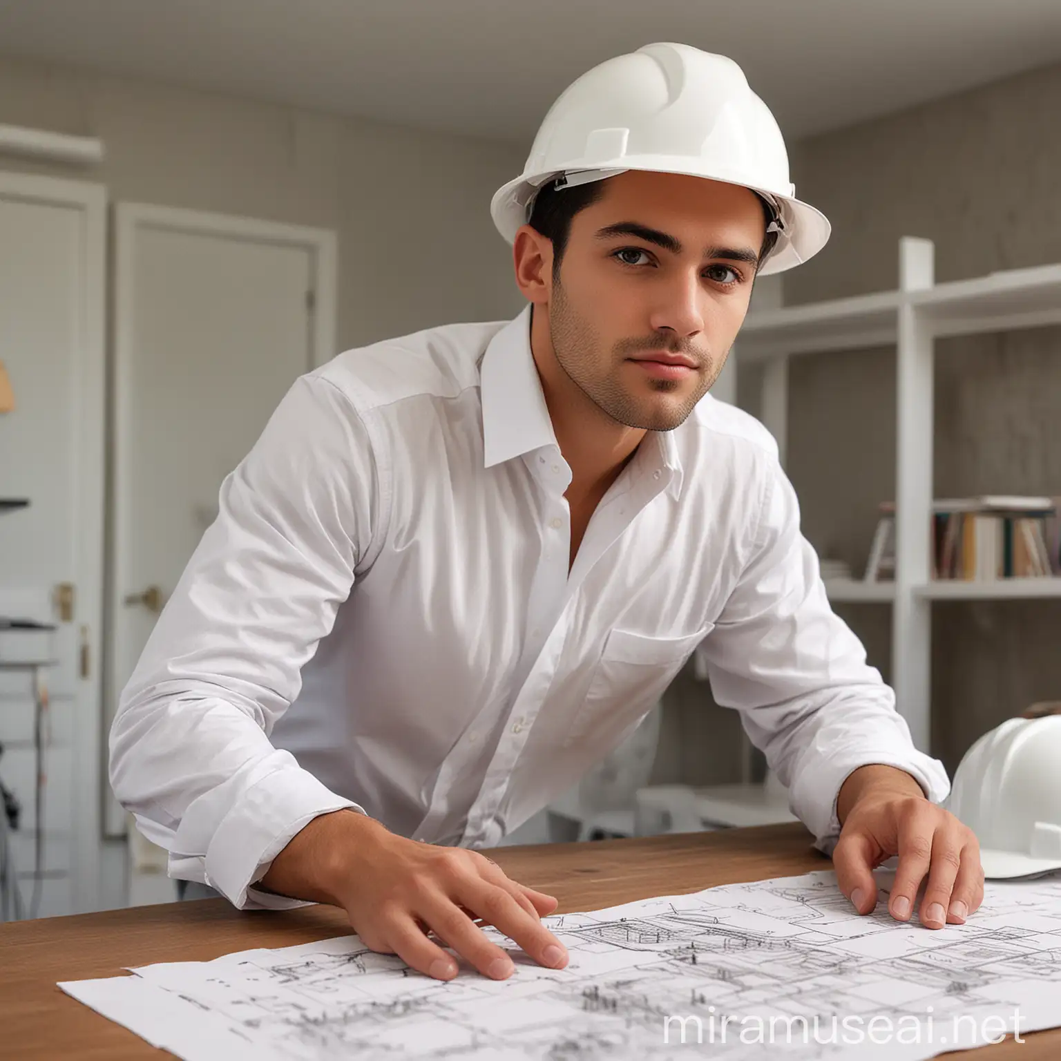 Young Architect with Plans and Hard Hat at Office