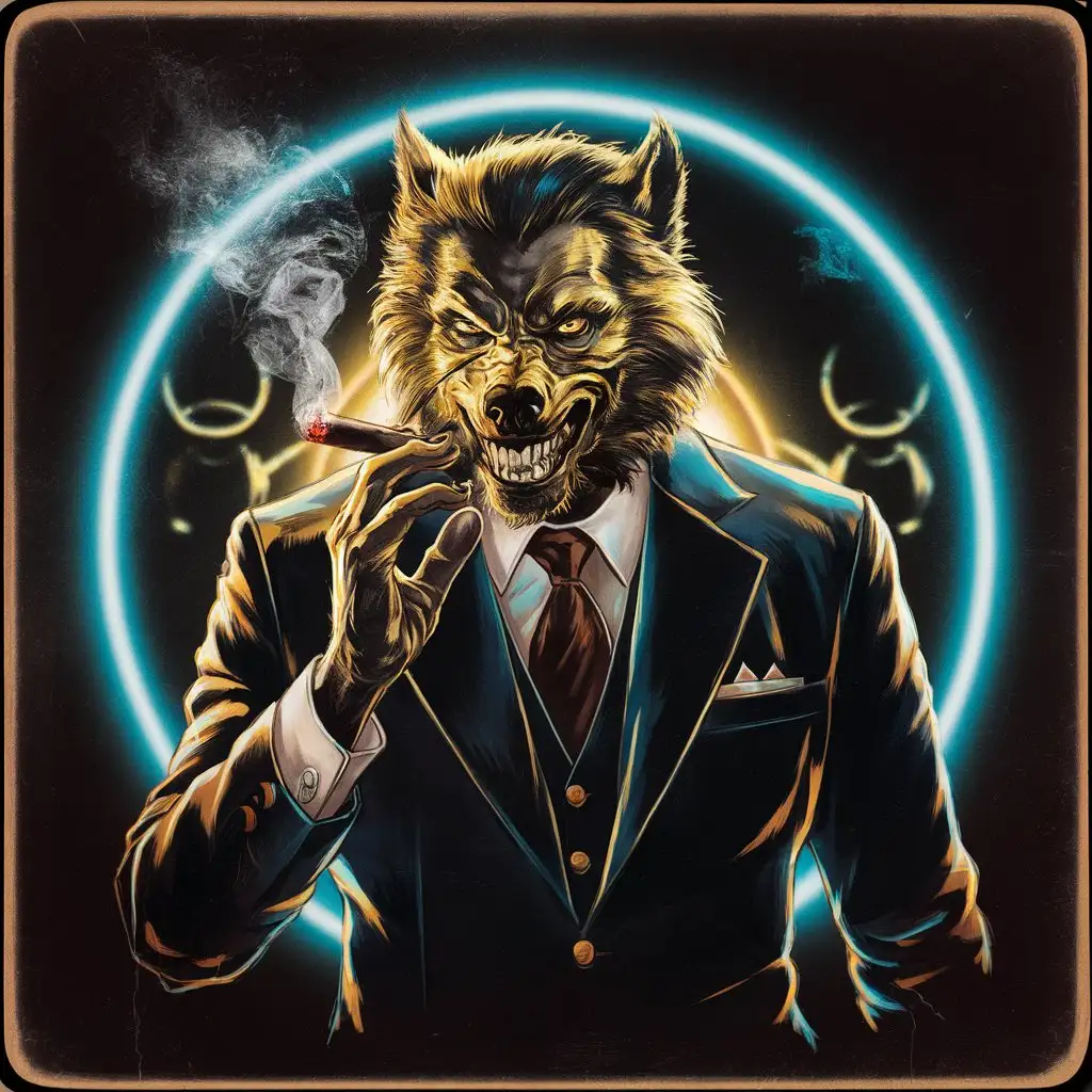 A werewolf, wearing a suit, holding a cigar, a golden prophet, blue light aura, retro style artwork.