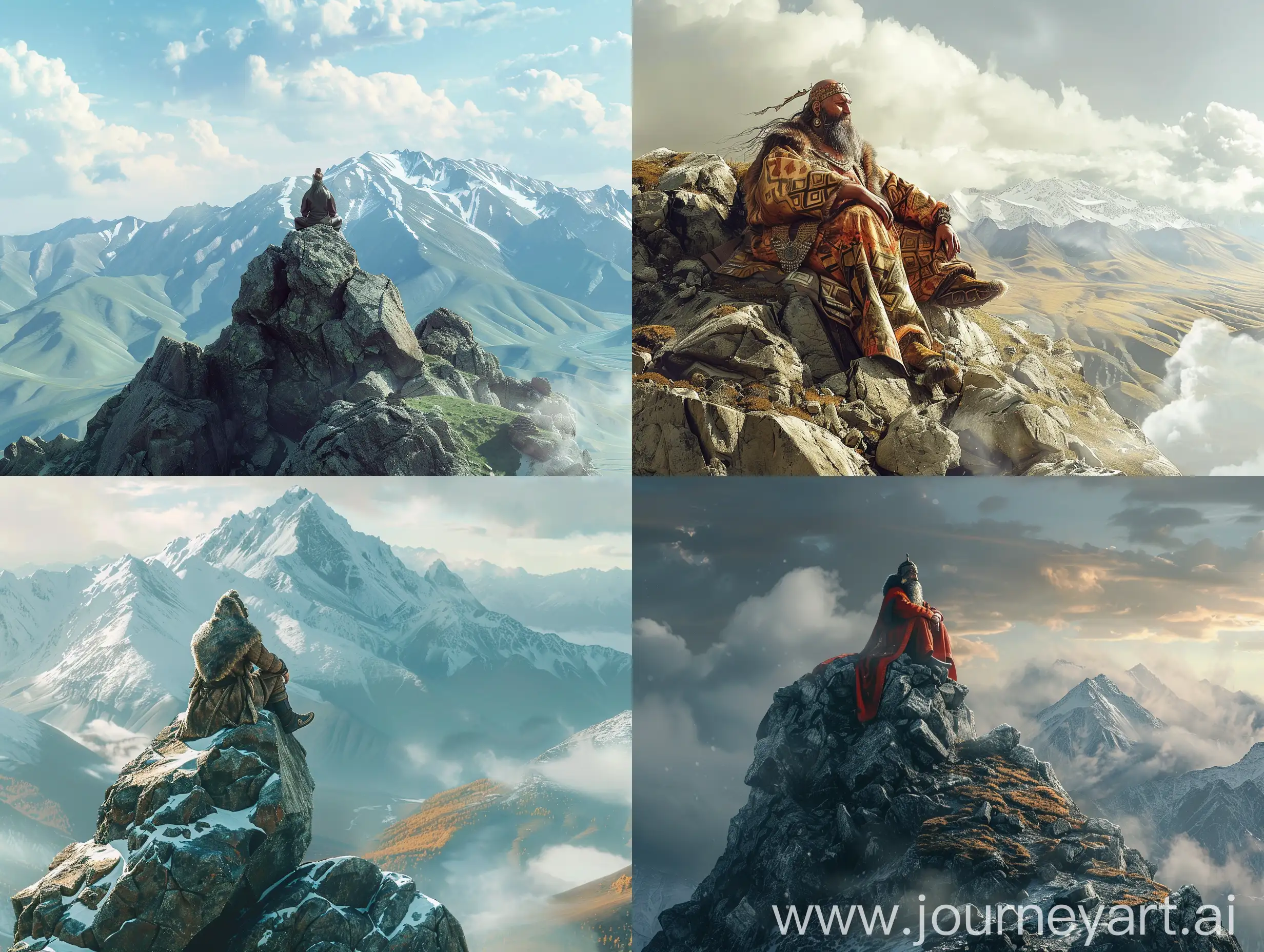 The mighty god of Altai, the Adam-Khan, a realistic pro photo, seated on top of a big Altai mountain, overlooking his world