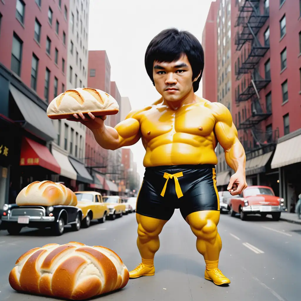 Cute Fat Bruce Lee Statue Eating Bread in Cityscape