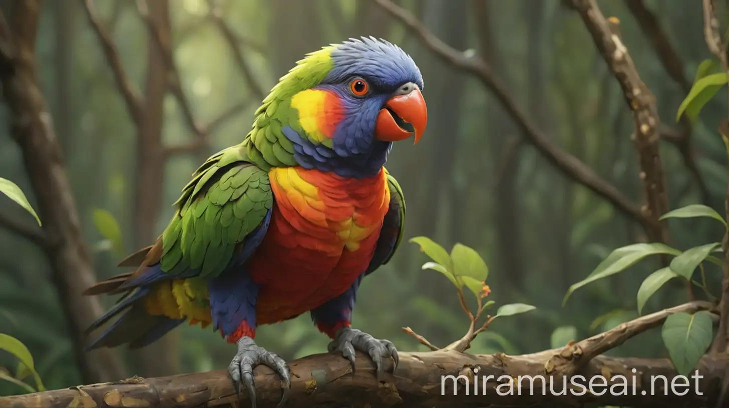 /imagine prompt: 3D animation, personality: [Show Rainbow lorikeet perched on a high branch, looking down at the colorful scene below with a sense of pride and happiness. His expression should convey a moment of realization and joy as he observes the unity and celebration among the forest animals] unreal engine, hyper real --q 2 --v 5.2 --ar 16:9
