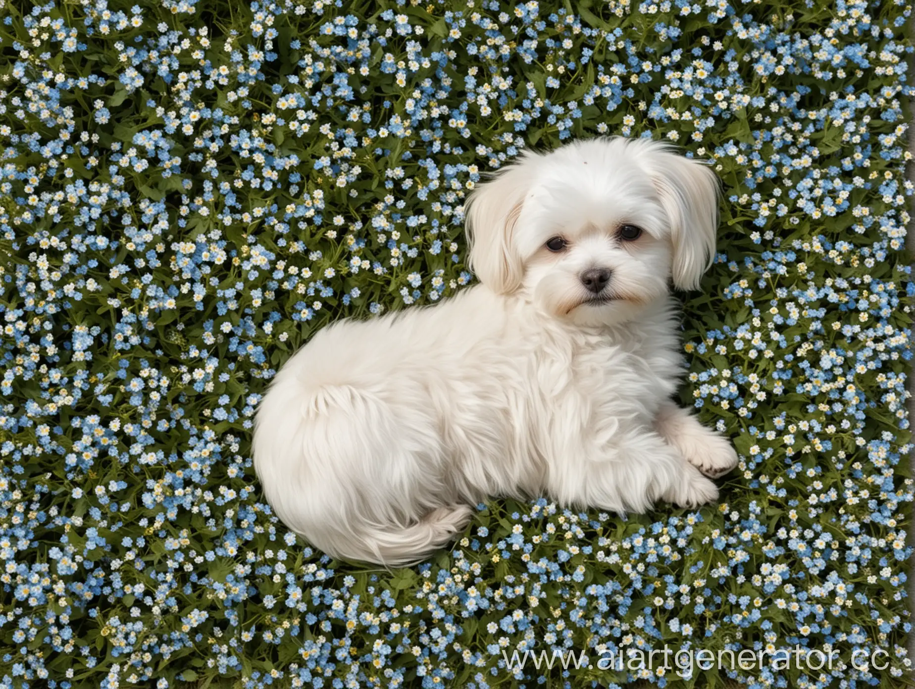 draw a Maltese dog that sleeps on its side (full-length, top view), lying in a field of forget-me-nots