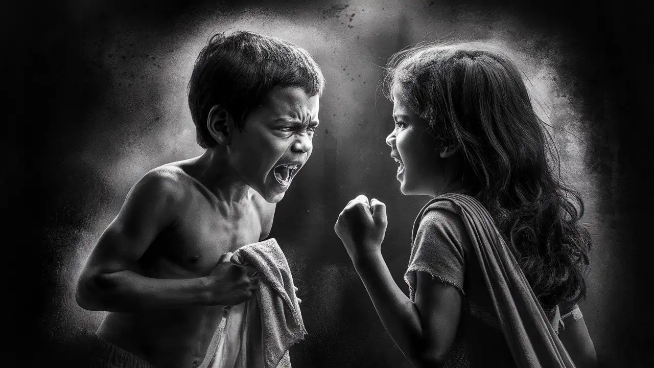 Indian young boy talking angrily to girl, holding a cloth in his hand, dark scene