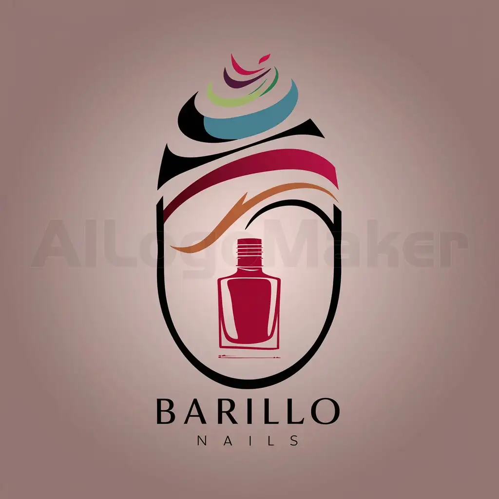 a logo design,with the text "BARILO NAILS", main symbol:Oval logo, taupe-pink background, theme for manicure, abstraction of different colors on top of the background, nail polish in a red bottle inside the logo,complex,be used in Beauty Spa industry,clear background