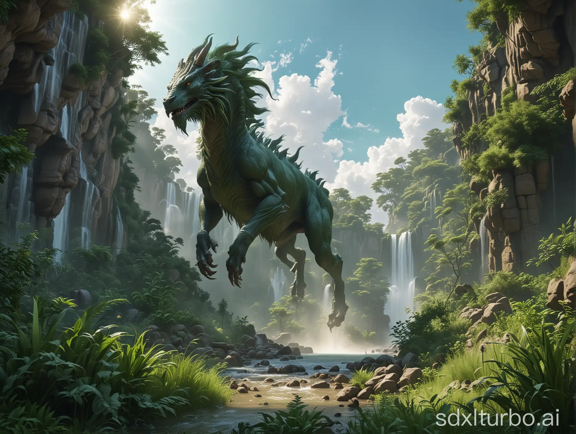 hyperrealistic digital matte, stunning, vibrant green Oriental vegetation landscape, epic tall waterfall, (freaky chimera creature:1.5), picturesque daytime sky, (realistic shadows), sunbeams, sharp focus, depth of field, perfect focus throughout, intricately detailed, HDR, 8k