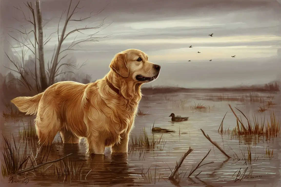 Golden Retriever Sketch Patiently Awaiting Ducks in Flooded Timber