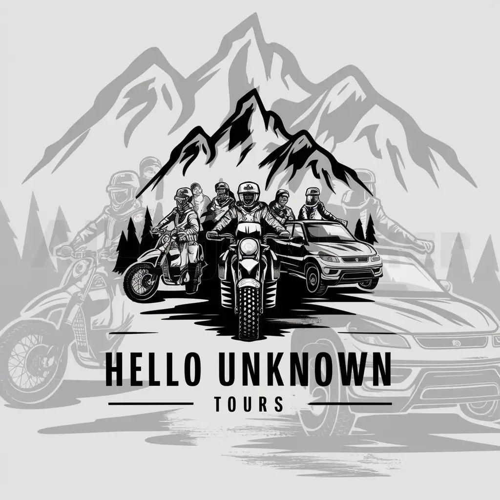 a logo design,with the text "Hello unknown tours", main symbol:group of people in the mountains with Motor bikes and cars,complex,be used in Travel industry,clear background