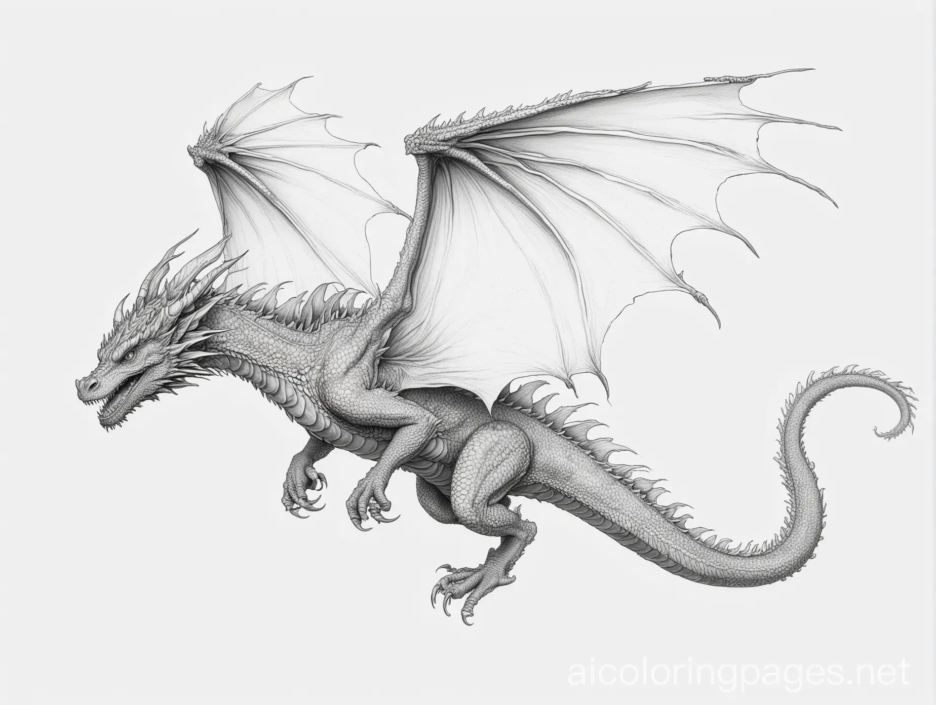 flying dragon, Coloring Page, black and white, line art, white background, Simplicity, Ample White Space. The background of the coloring page is plain white to make it easy for young children to color within the lines. The outlines of all the subjects are easy to distinguish, making it simple for kids to color without too much difficulty