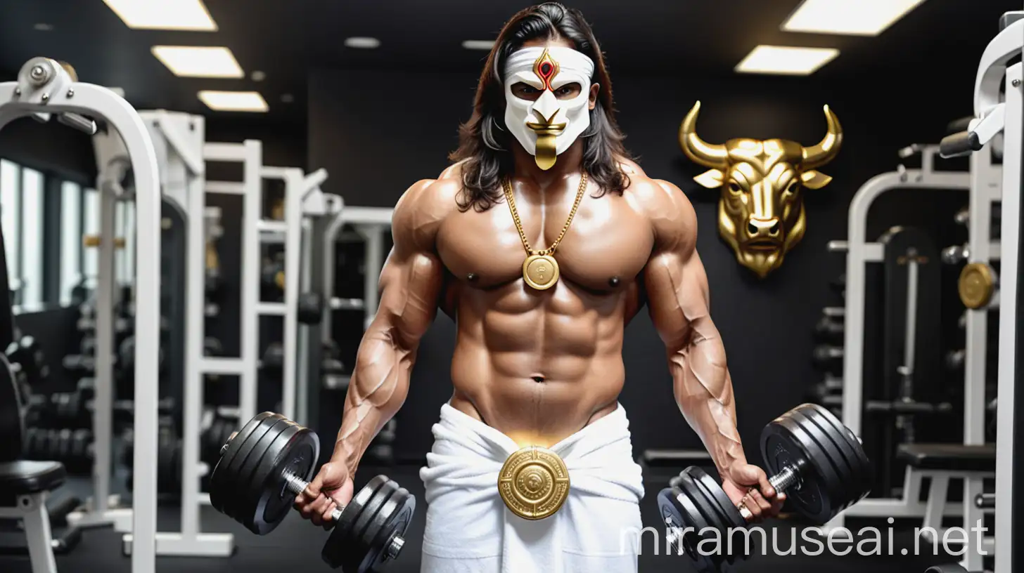 Indian Muscular Man with Dumbbells and Bull Mask in Luxurious Gym