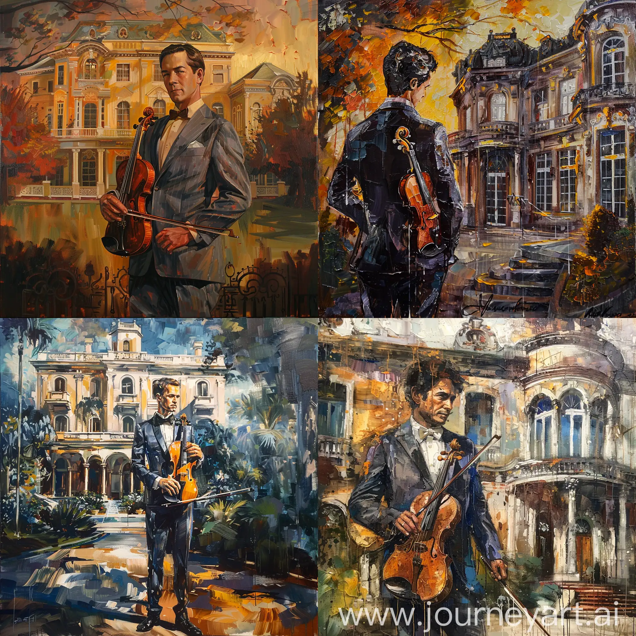 https://midjo.ru/new/uploads/img/faf66d7a3f/IMG_20240315_185244.jpg в пиджаке со скрипкой, фон изящного богатого дома, нарисовано масляными красками, --v 6