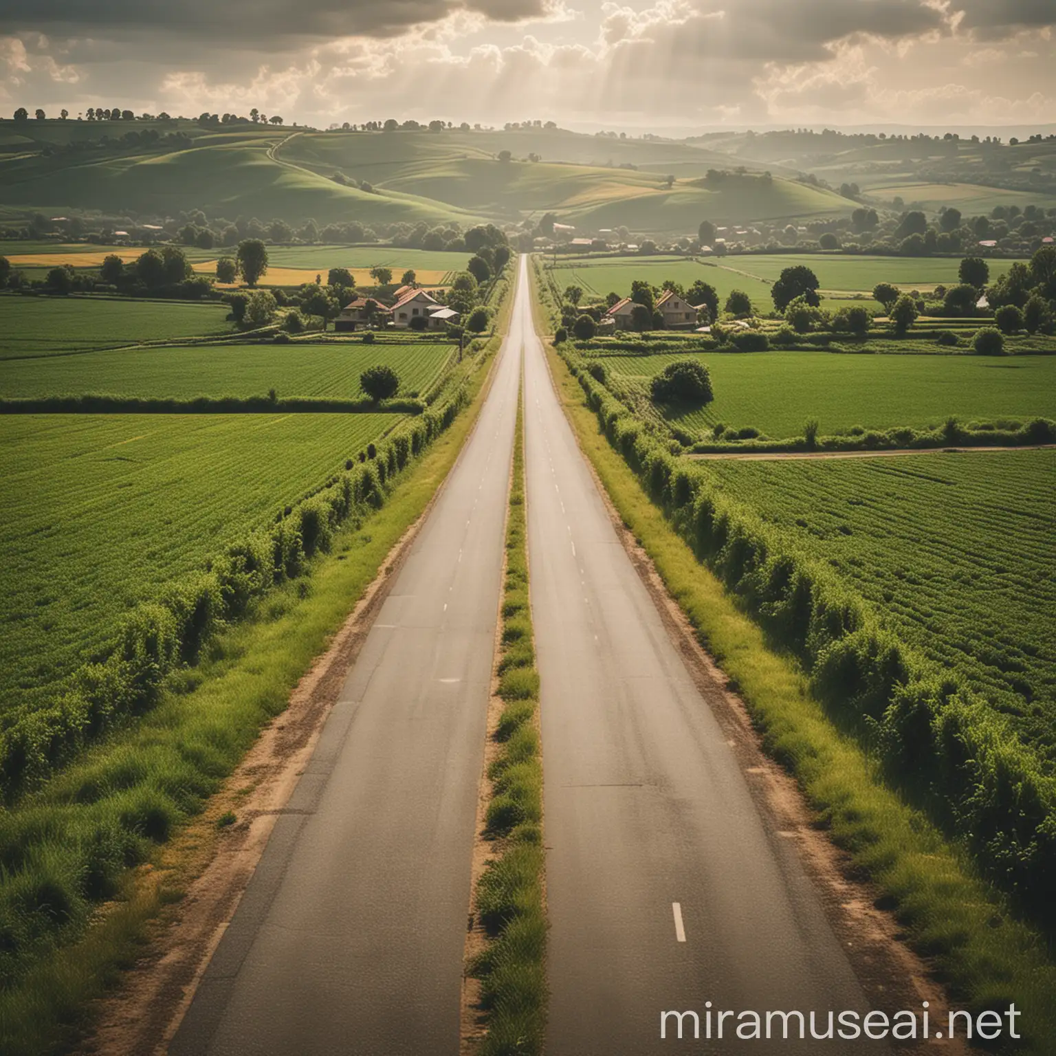 Tranquil Indian Countryside Serene Rural Road Amid Lush Green Fields