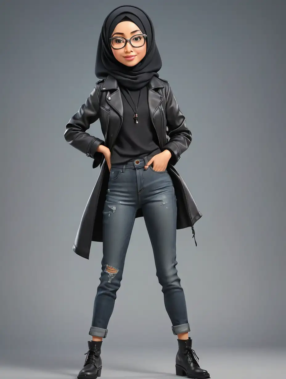 Caricature of a Japanese woman with black hijab, with frameless glasses, wearing a black leather jacket, blue jeans pants, gray background