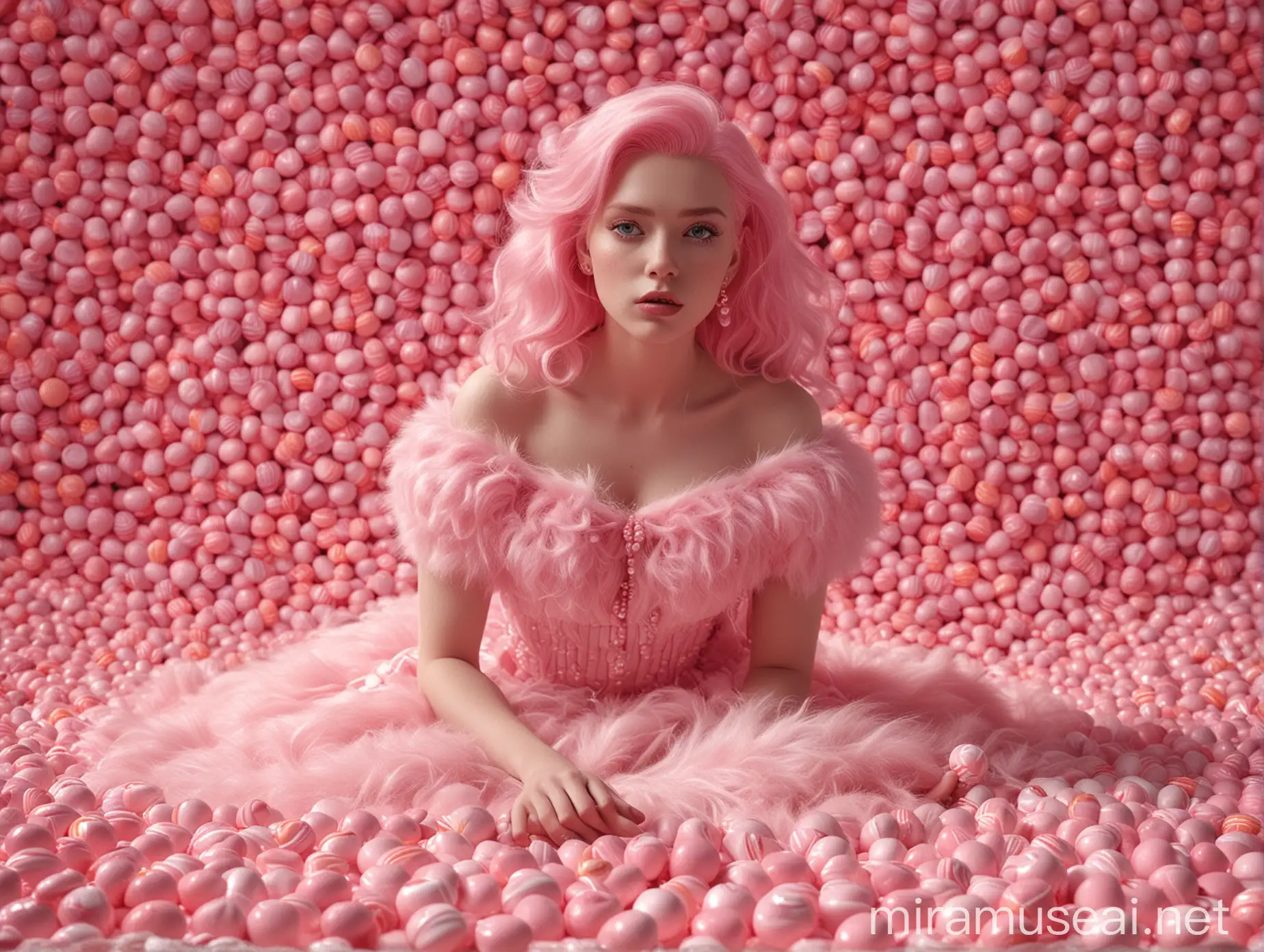 Create sculpture of a pink-haired woman, surrounded by candy. The woman must be sitting in a field of cream. Haute couture, old photography, cinematic, soft fur. The character must be wearing a candy-colored dress and accessories such as chubbies or skittles. Sweet concept, cinematics, soft fur, extremely detailed.