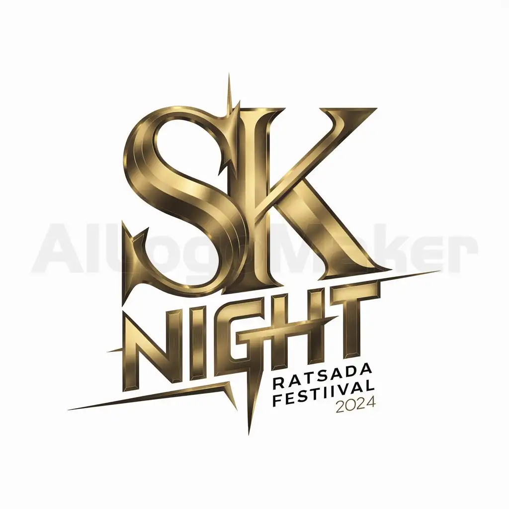 a logo design,with the text "SK Night", main symbol:Main symbol or logo are initials of letter S and K in metallic gold font as the backdrop of the logo, with a subtitle 'SK Night' with a subheading Ratsada Festival 2024,complex,be used in Events industry,clear background