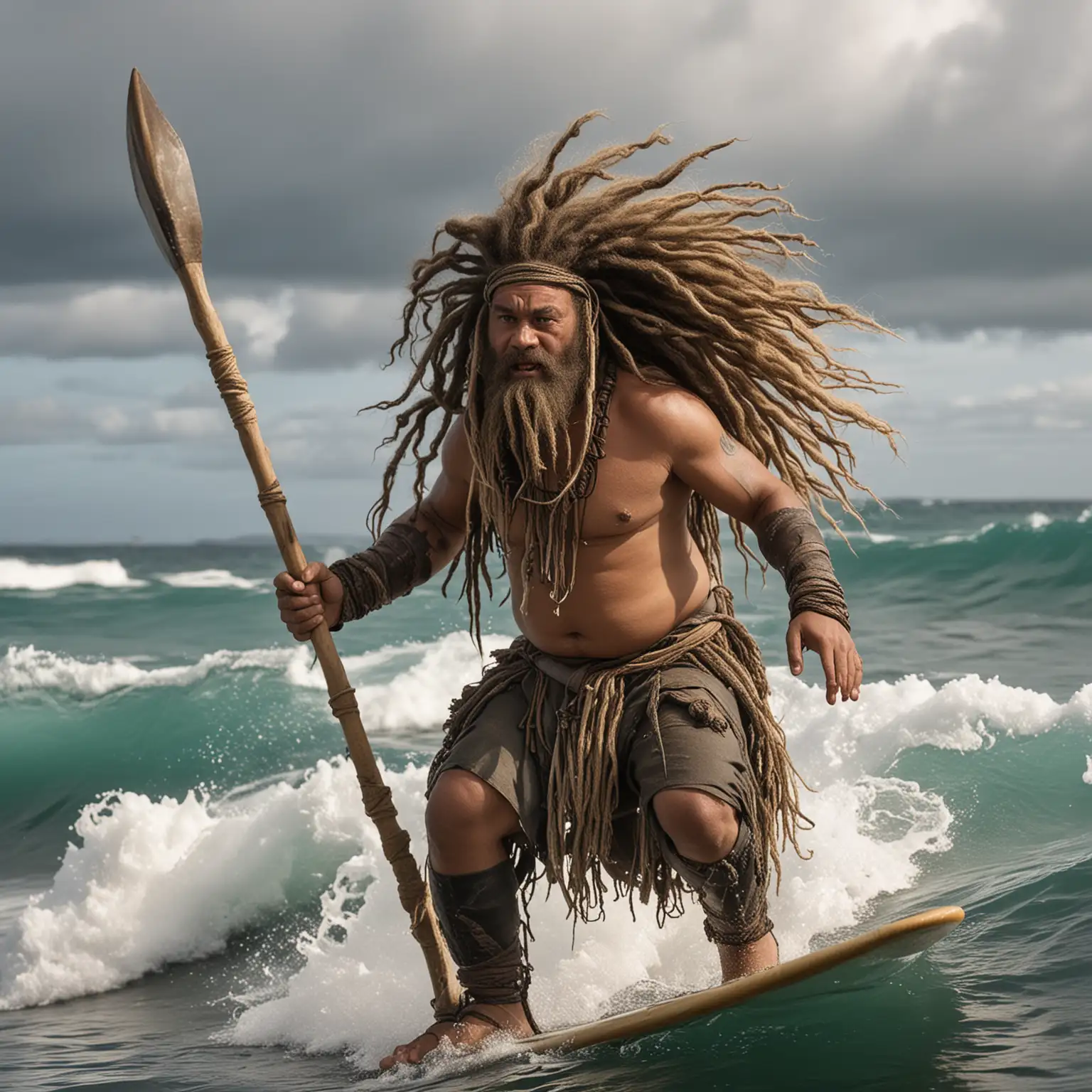 Islander dwarf with thick dreadlocks surfing while holding a spear