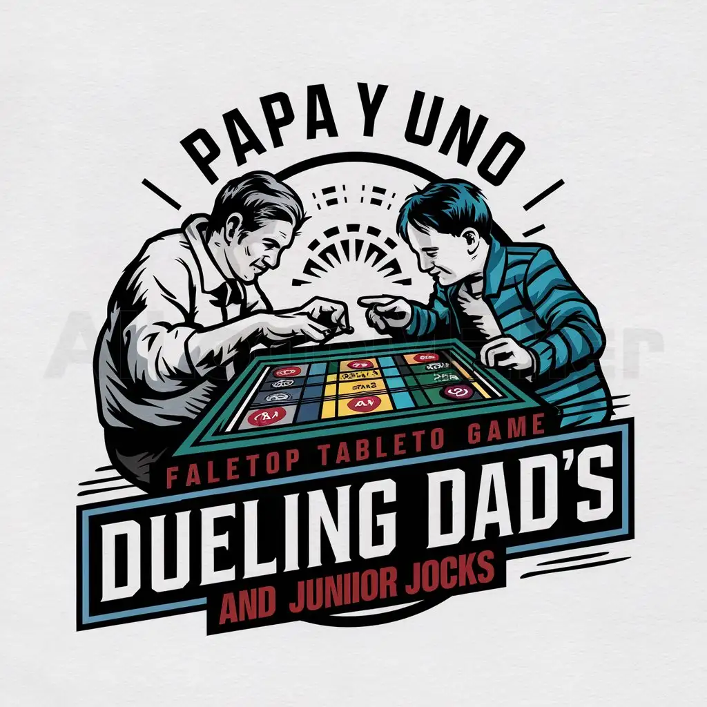 a logo design,with the text "Papa y Uno", main symbol:Dueling dad's and junior jocks games night,complex,clear background