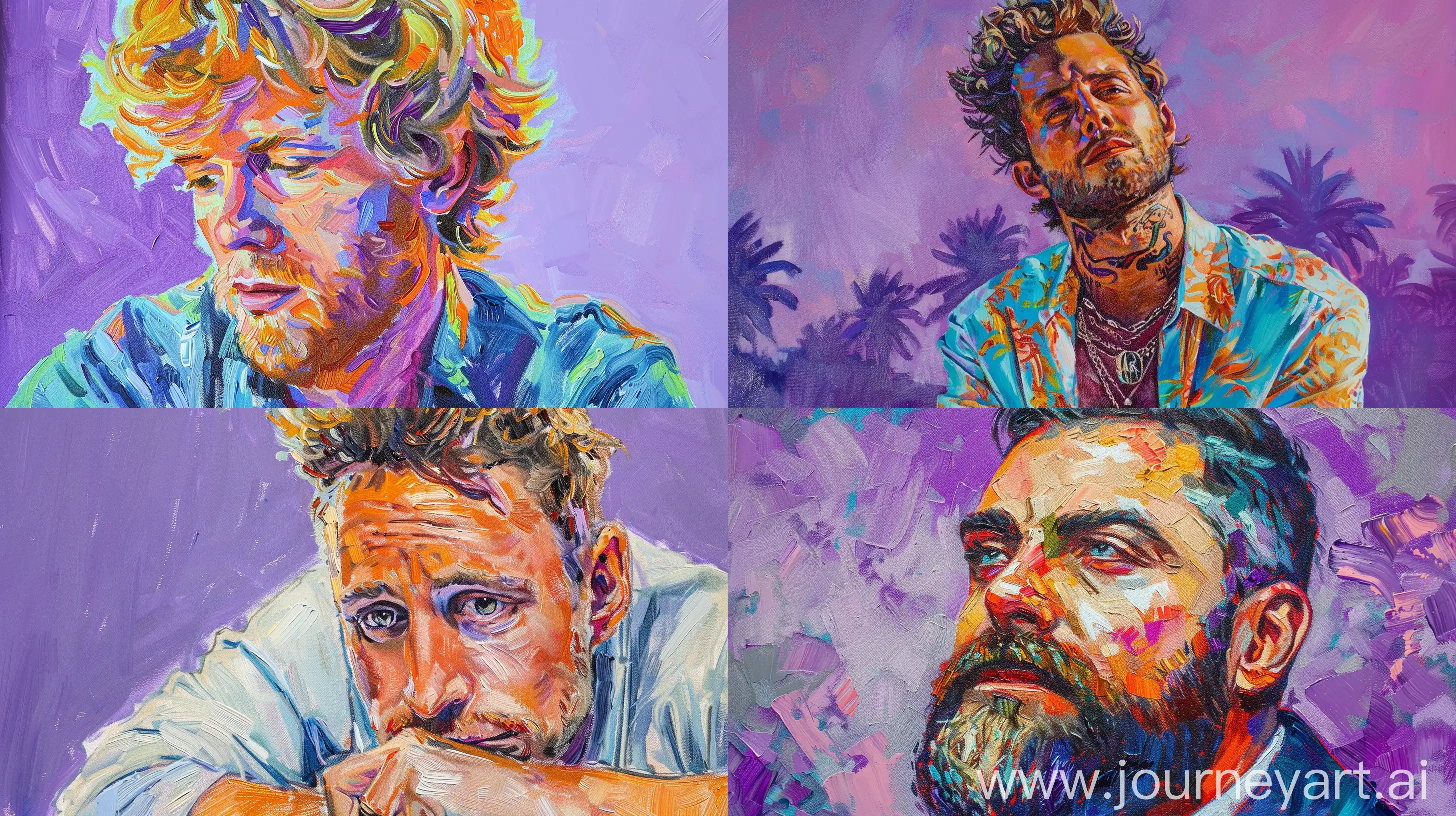 oil painting of matthew perry in van gogh style with soft vibrant pastel colors with purple background --ar 16:9 --c 5