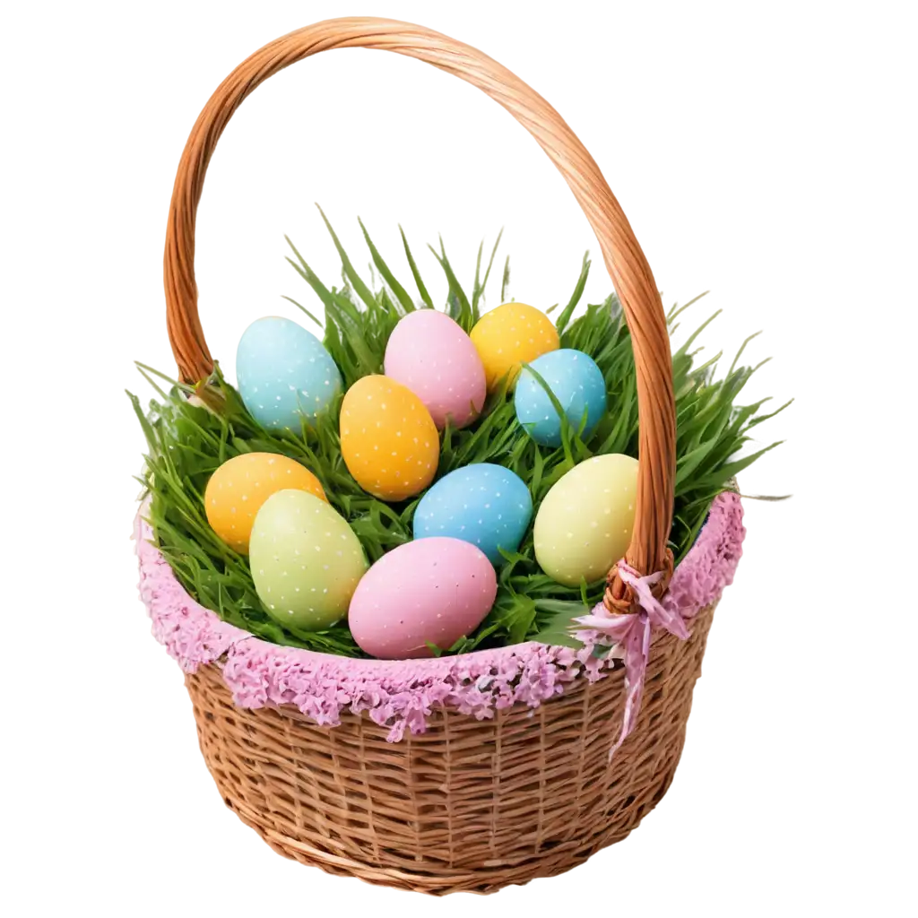 in a wicker basket Easter cousin and eggs painted in bright colors, delicate spring flowers, Easter holiday