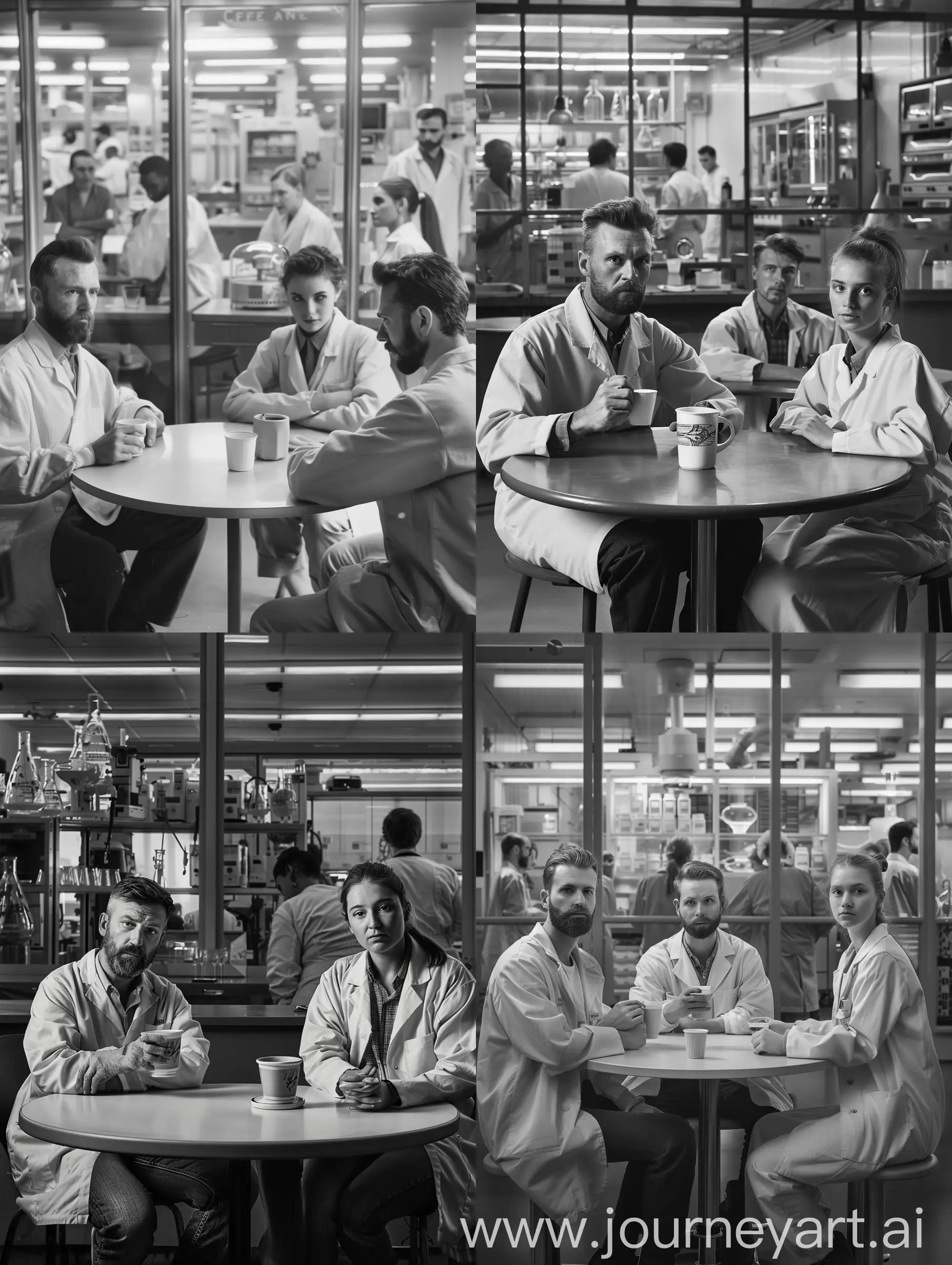 Черно-белая фотография троих ученых сидящих за круглым столиком в буфете, позади них находиться стекло за которым лаборатория и другие ученый. Первый ученый выглядит как 30 летний мужчина с щетиной и волосами зачесанными назад он держит чашку кофе в правой руке, второй мужчина сидит рядом с ним, он выглядит как 25-ти летний мужчина с причёской короткие шторы, напротив них сидит молодая 20-ти летняя девушка с хвостиком. Все ученые смотрят в камеру, все ученые одеты в халаты.
