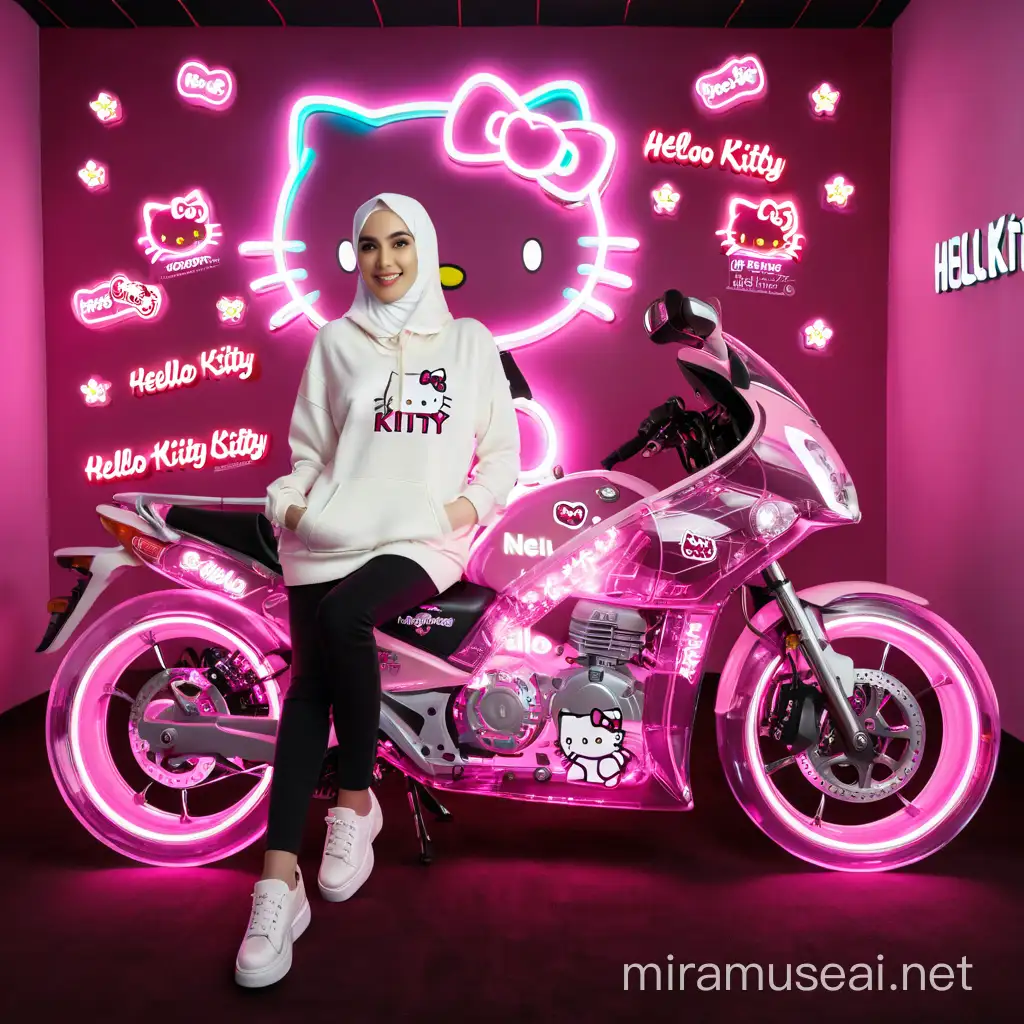 Beautiful woman in hijab with white hoodie sitting on a Hello Kitty themed motorcycle, This transparent motorcycle has a special design with a large Hello Kitty image on the front and pink neon elements. The pink background with neon lights forms words and small pictures associated with Hello Kitty. There is a white neon text on the wall that says "Hello Kitty". The floor is dark pink, providing a contrast with other, lighter elements.