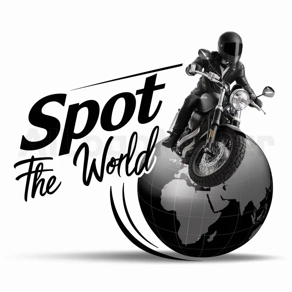 a logo design,with the text "spot the world", main symbol:riding the world with motorcycle,Moderate,clear background