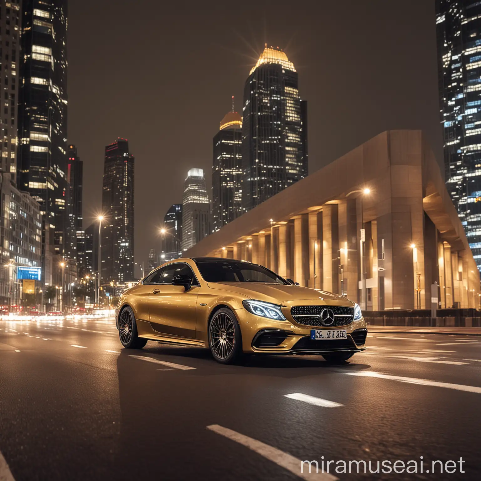 golden almost silver mercedes-benz class c coupè model going fast on the road in a night city metropolis enviroment, with skyscrapers and colored lights