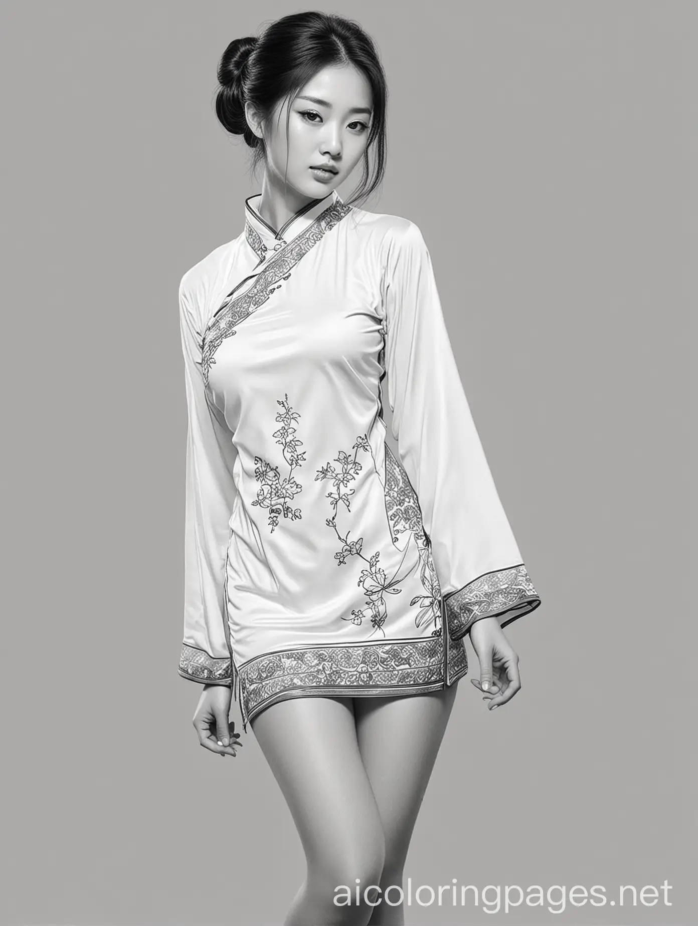 female students, silk stockings, nudity, AV girl's worry, qipao, Coloring Page, black and white, line art, white background, Simplicity, Ample White Space