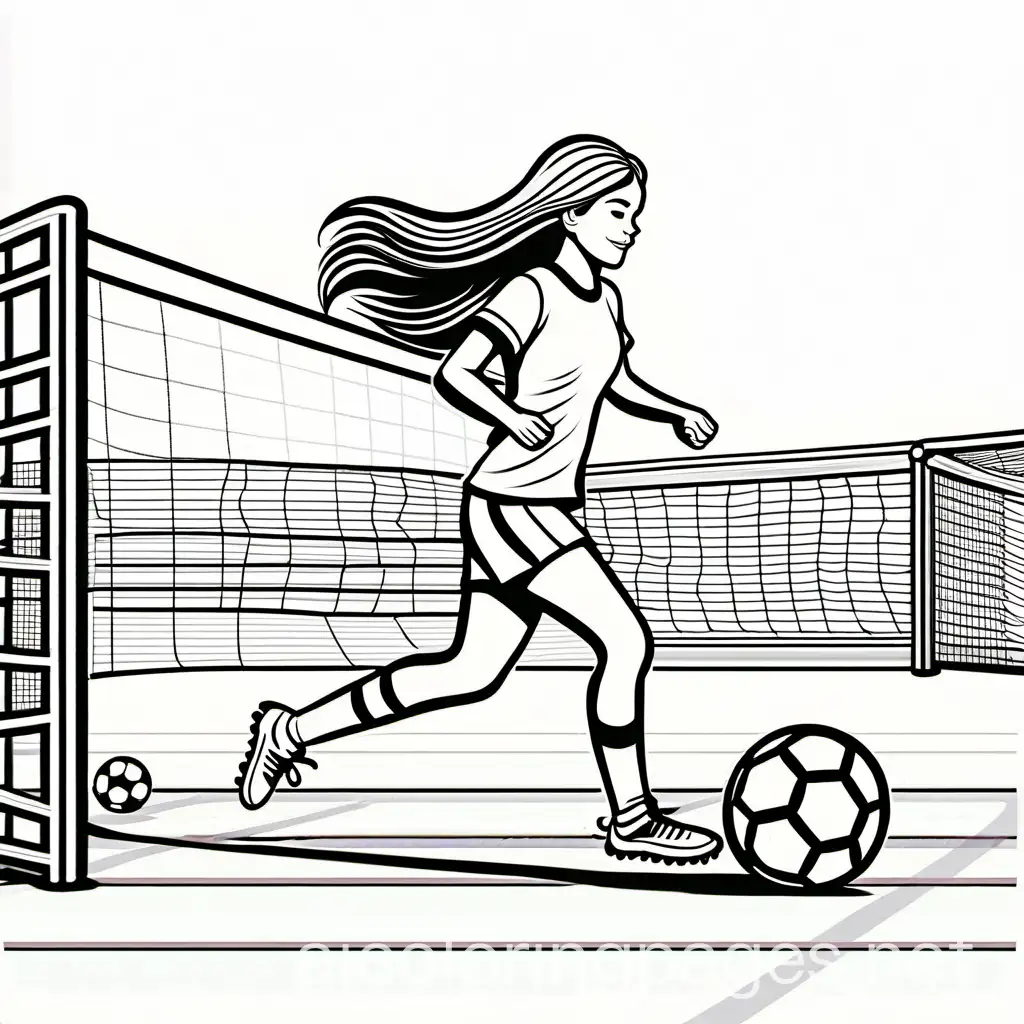 teen 
girl with long dark hair playing soccer, Coloring Page, black and white, line art, white background, Simplicity, Ample White Space. The background of the coloring page is plain white to make it easy for young children to color within the lines. The outlines of all the subjects are easy to distinguish, making it simple for kids to color without too much difficulty