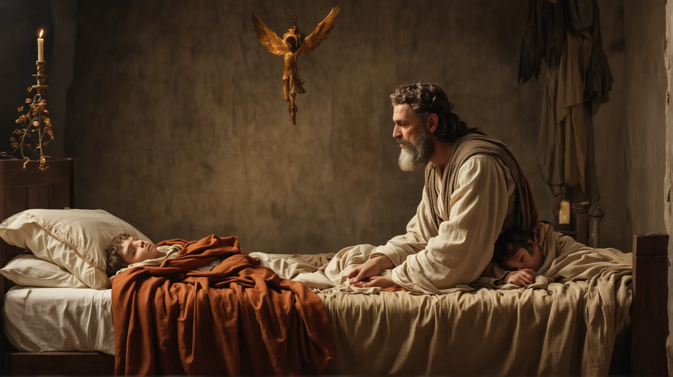 a scene of the Biblical Prophet Elijah where he prays over a sick boy who is lying down on a bed.