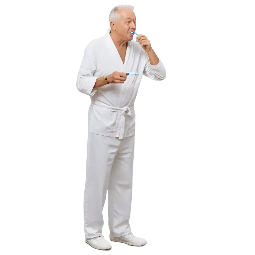 an elderly man standing full-length in the bathroom in a white bathrobe brushing his teeth.