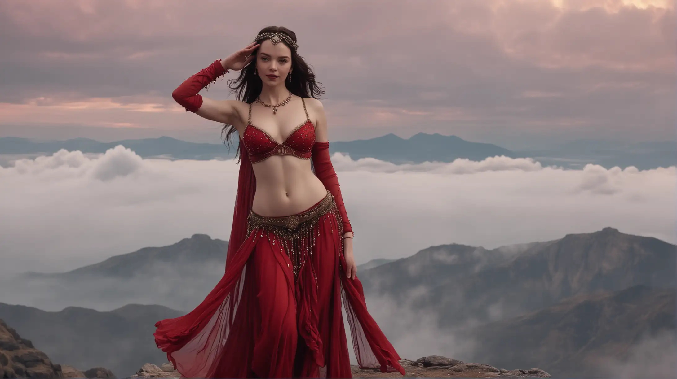 Anya Taylor-Joy as Sexy Belly Dancer, big boobs, smile, red clothes,on top of a mountain, clouds, fog