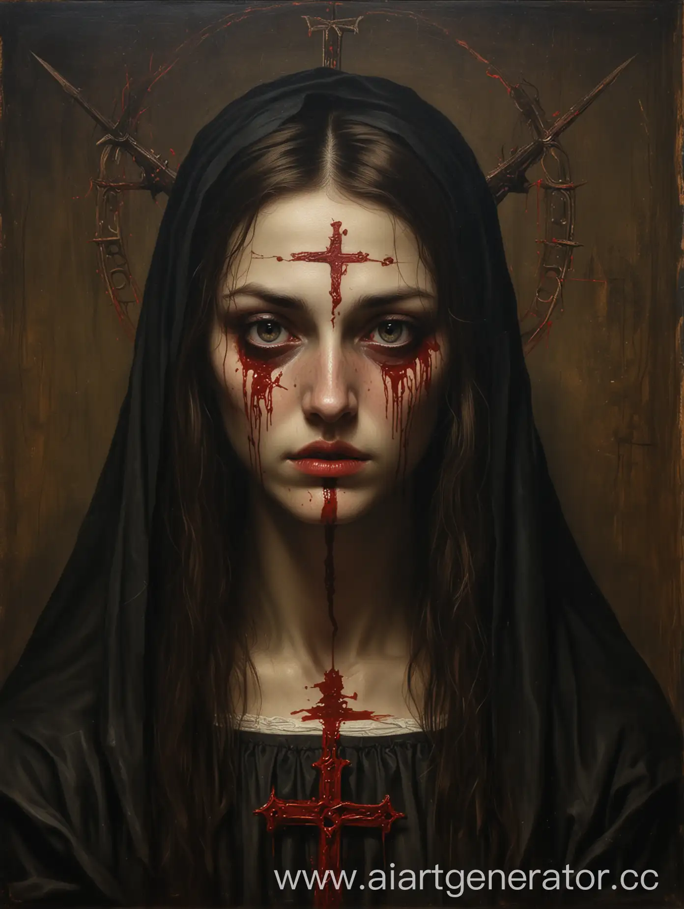 Страшная средневековая картина на тематику сатанизма христианства, молодая женщина глаза которой обливаются кровью, картина очень тёмная и загадочная