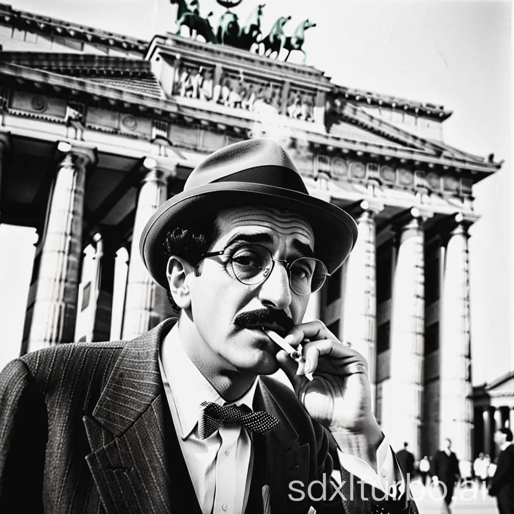 Groucho Marx smoking in front of the Brandenburg Gate