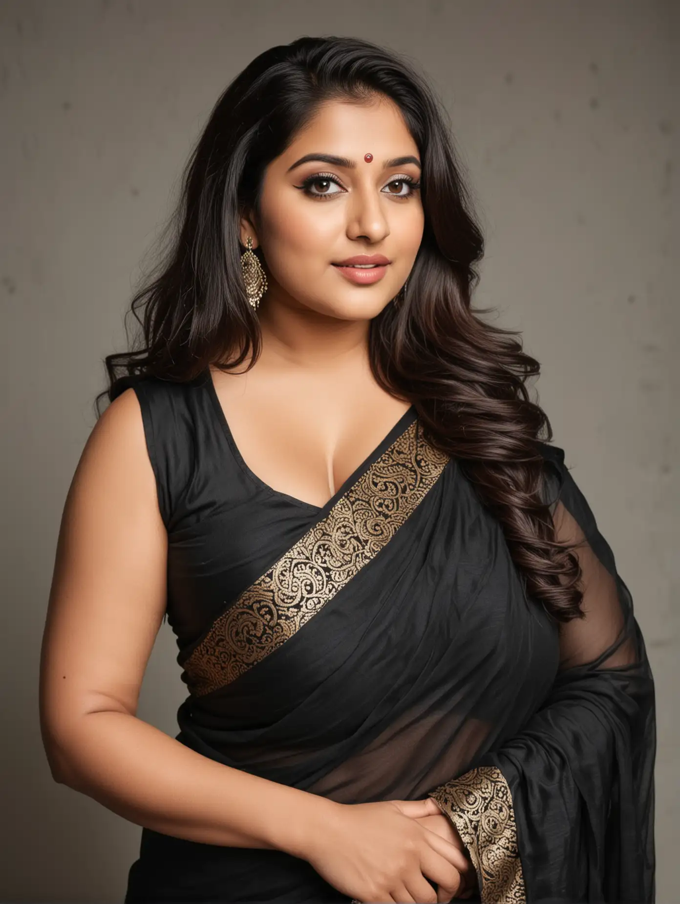 Beautiful indian plus size curvy women wore sleeveless black saree posed sexy
