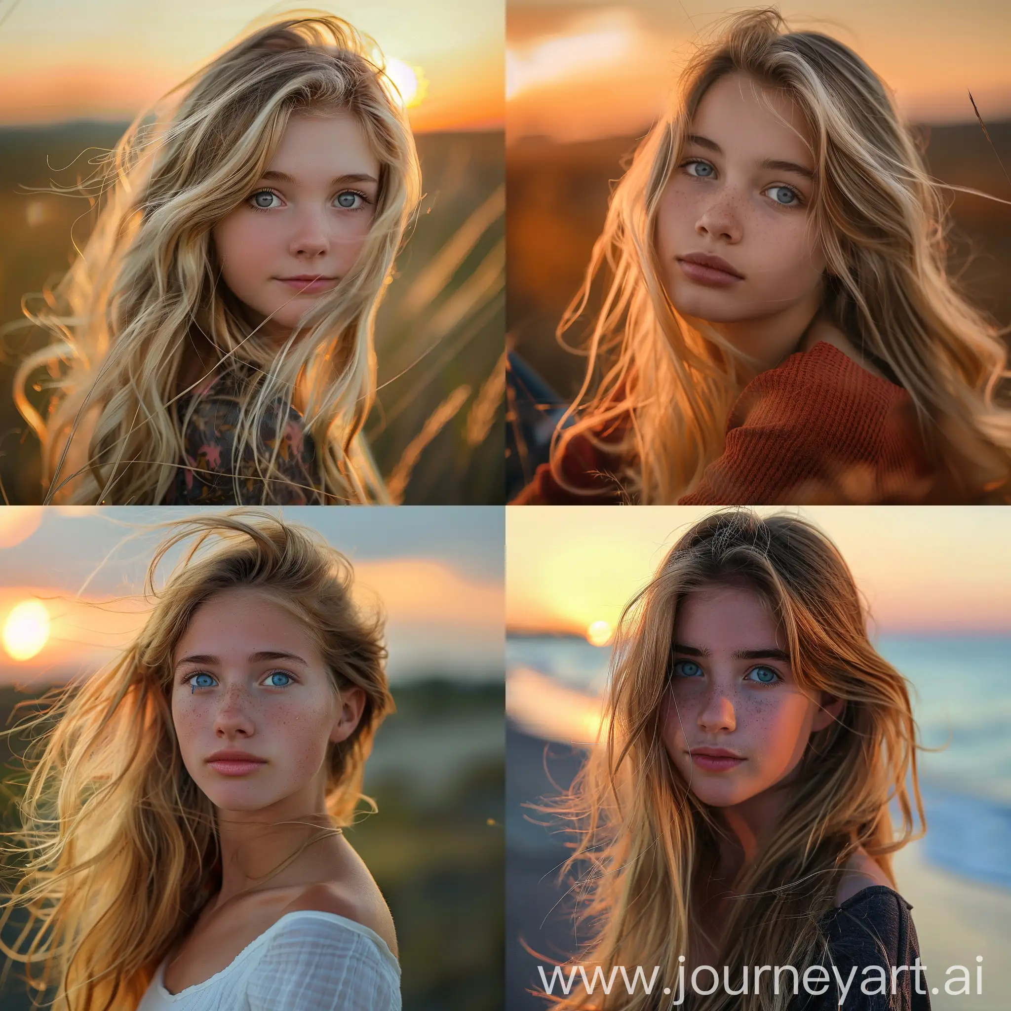 photorealistic photo of teenager girl, blonde hairs, blue eyes, beautiful, sunset