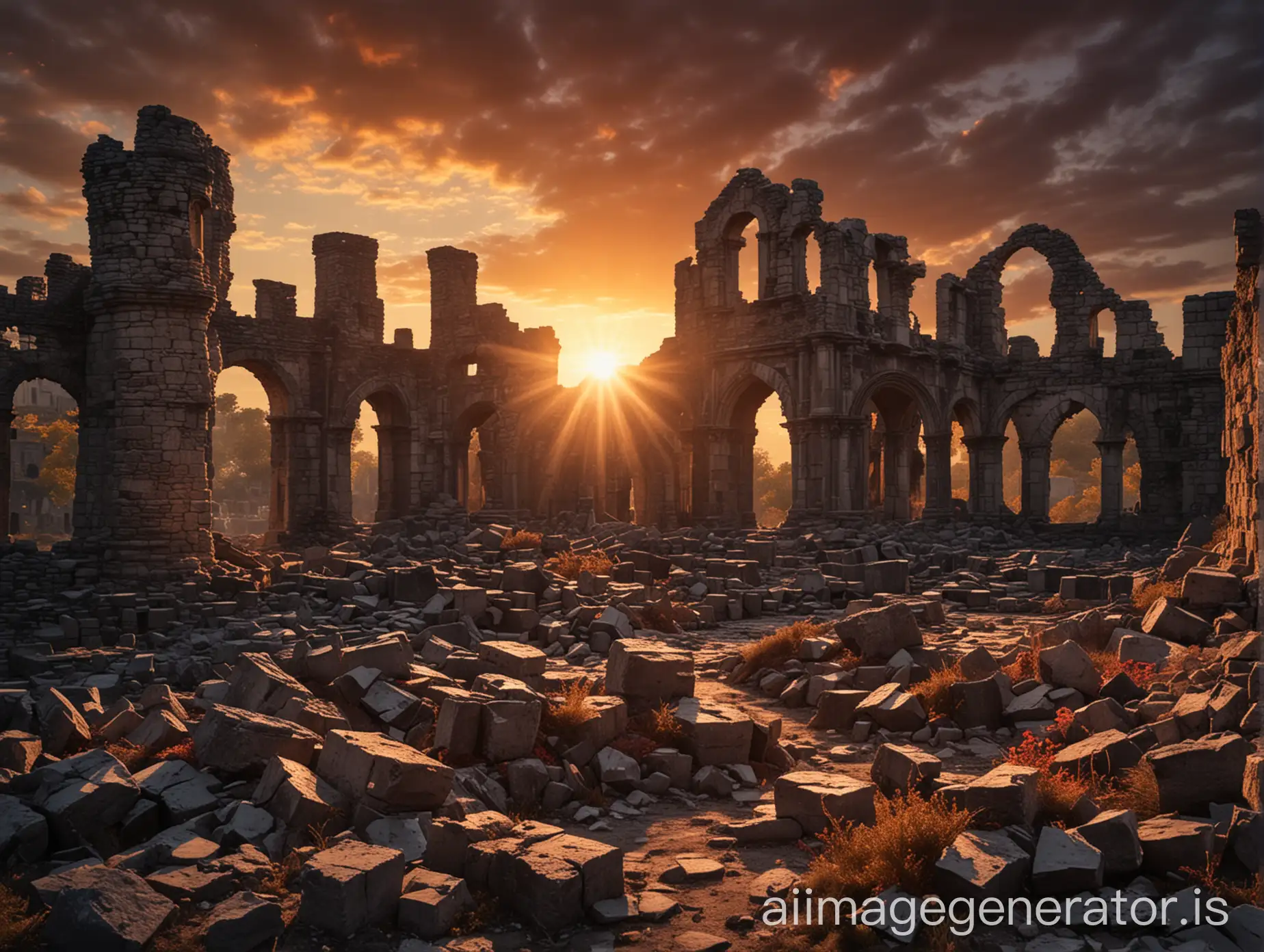 a castle architecture not destroyed and a heap of ruins; using the sunlight of dawn to light up the dark colors of the ruins, highlighting the bright colors of victory's dawn