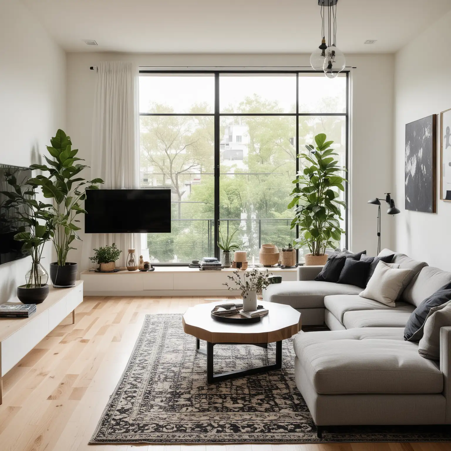 a wide shot of Minimalist Modern Living Room: A spacious living room with white walls, large floor-to-ceiling windows, and light wood flooring. Include a low-profile grey sectional couch with white throw pillows, a sleek black coffee table, and a geometric area rug. Add a wall-mounted flat-screen TV, minimalist wall hangings, a large abstract painting, and a couple of hanging indoor plants. Decorate with a modern floor lamp, a few black and white vases with dried flowers, a single large potted plant, and a sleek air conditioner.