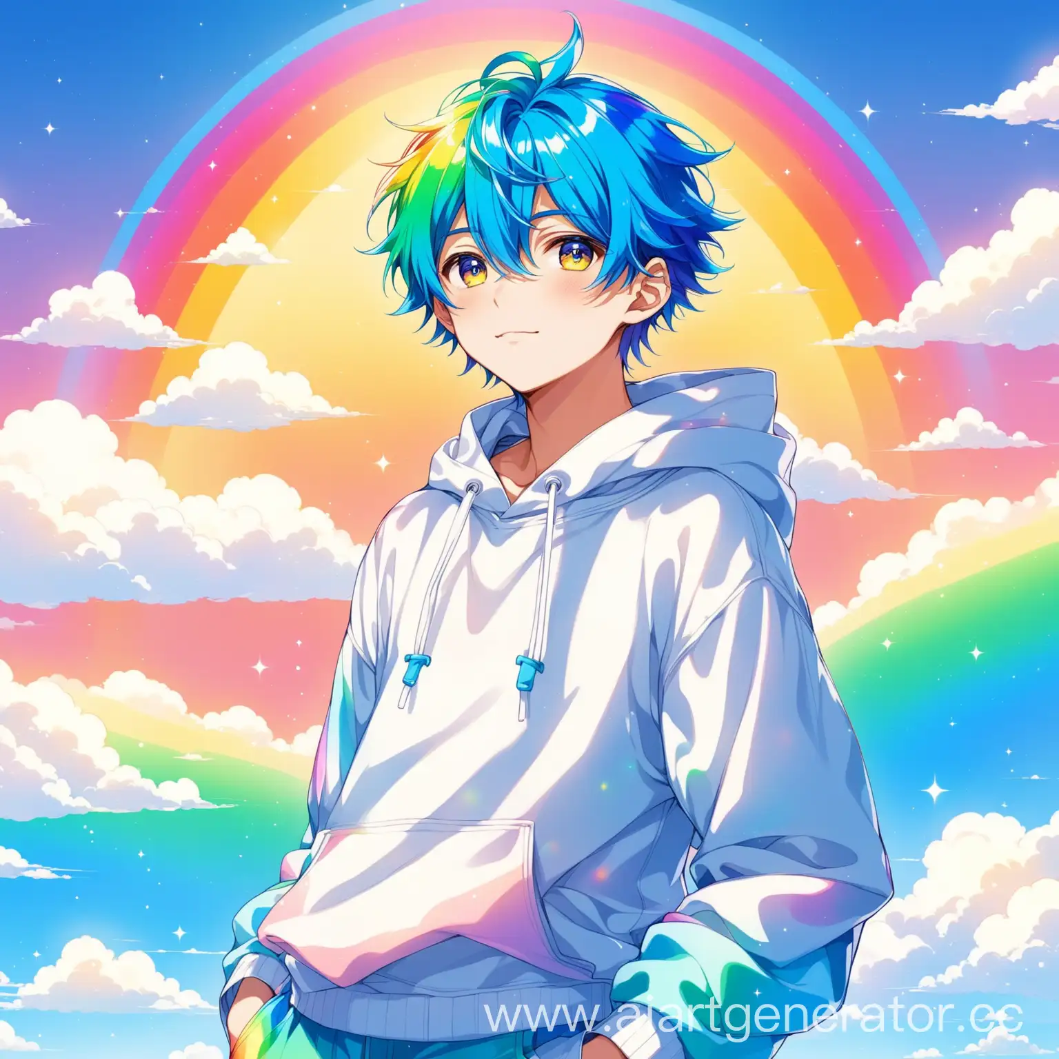 Аниме парень 16 лет с голубыми волосами в одежде в стиле радужного облачка 