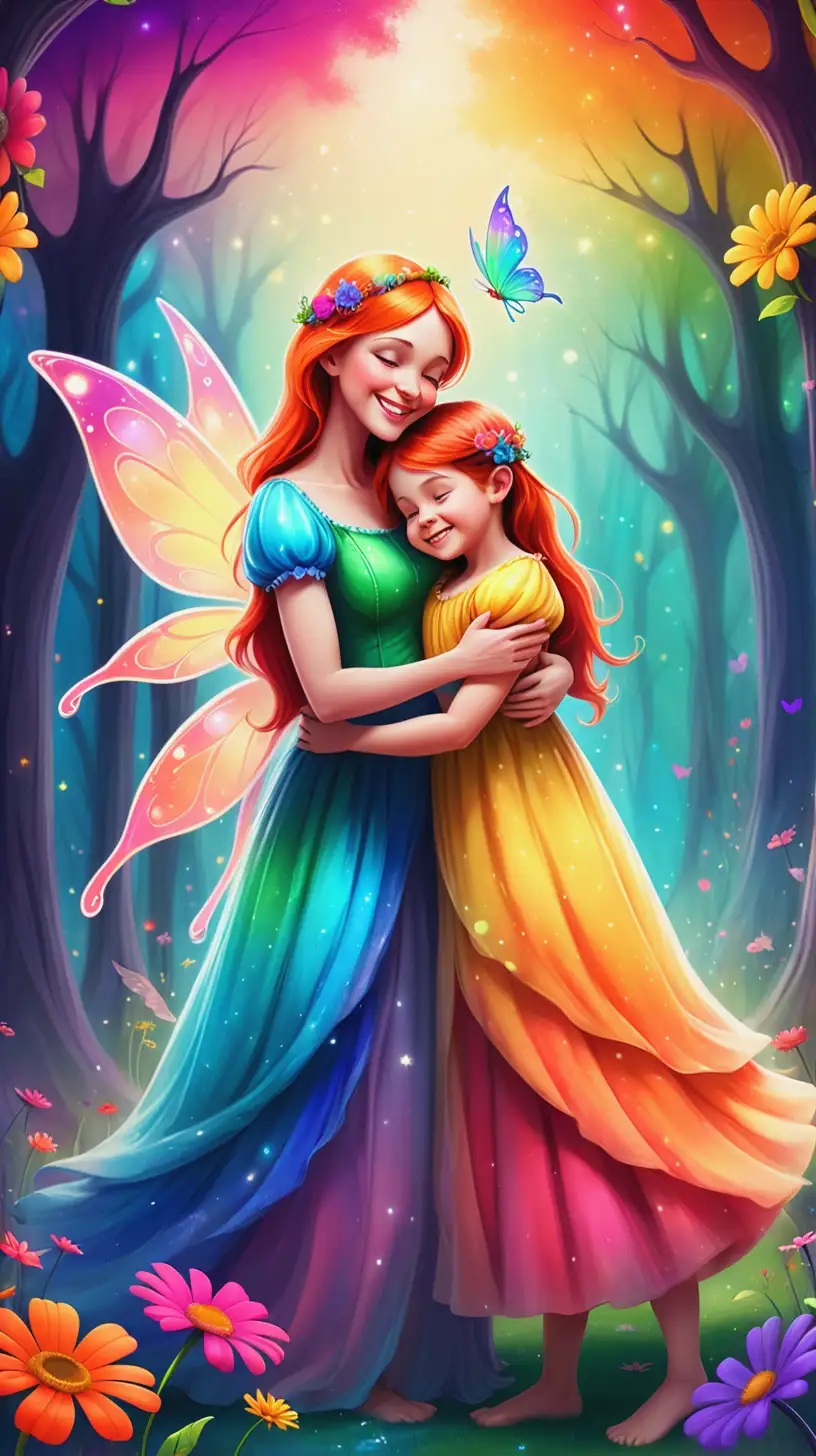rengarenk bir masal dünyasında anne ve çocuk birbirlerine mutlu şekilde sarılıyorlar
