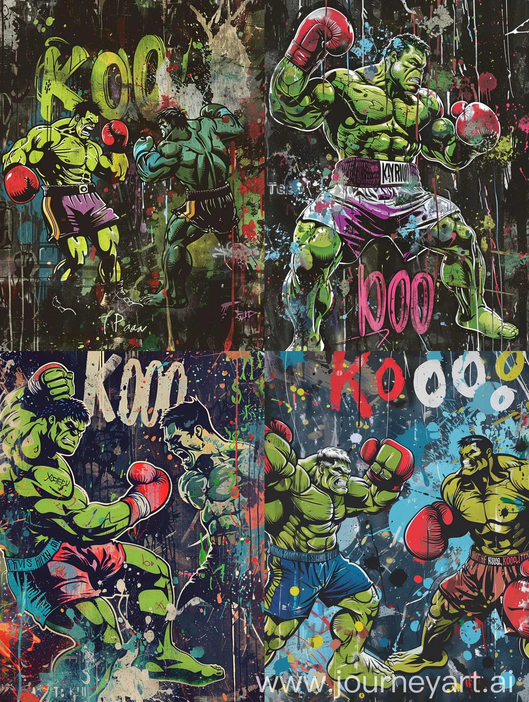 flat illustration graffiti on cava:2, illustration of The hulk boxing with mike tyson, graffiti, traditional vibrant,  mike tyson:2 ,The hulk:1, urban, detailed, tag, background full of dark paint splash and graffiti text, random sized graffiti text all over typography:2, urban, canva texture, text saying "kooo"