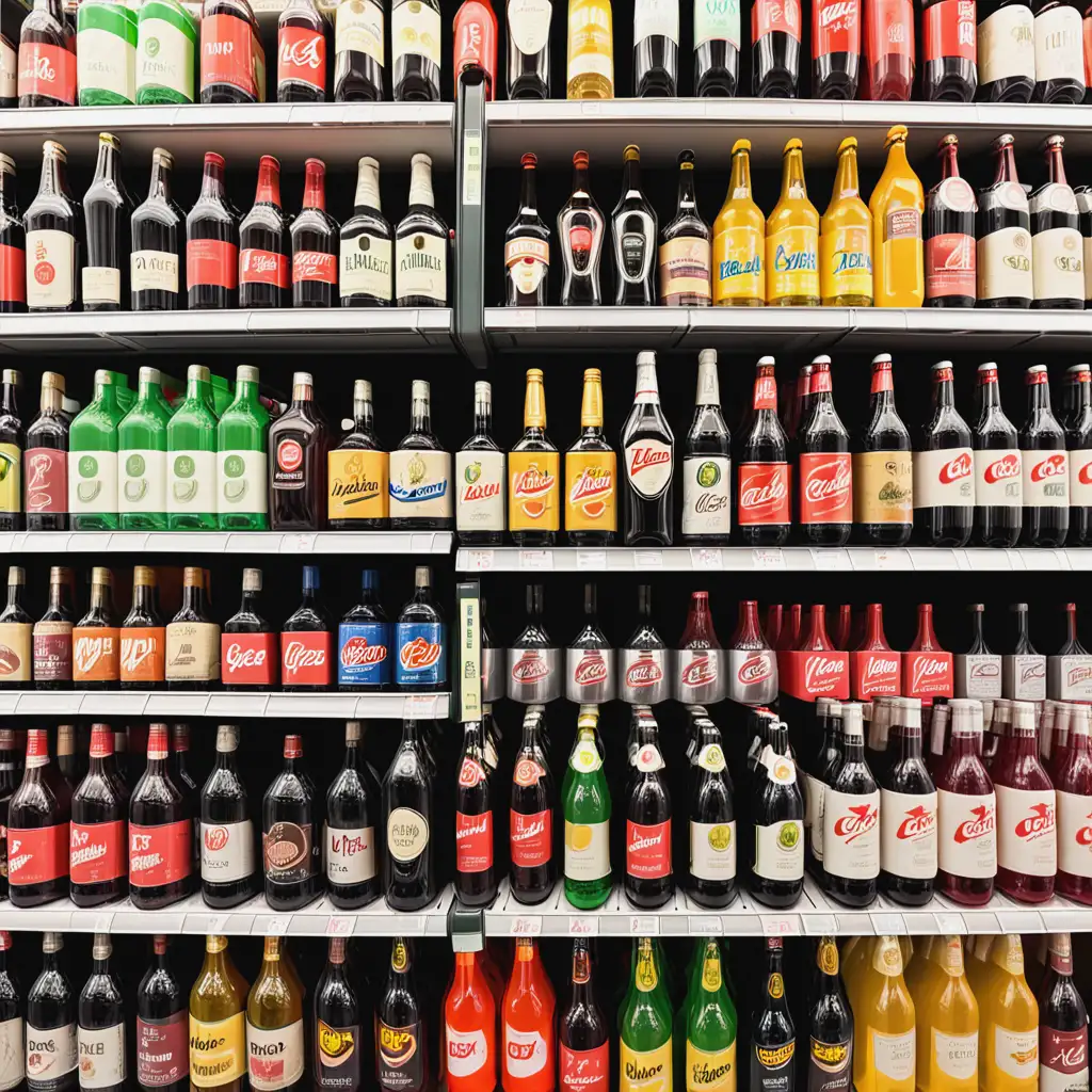 Assorted Alcoholic Beverages on Crowded Supermarket Shelves