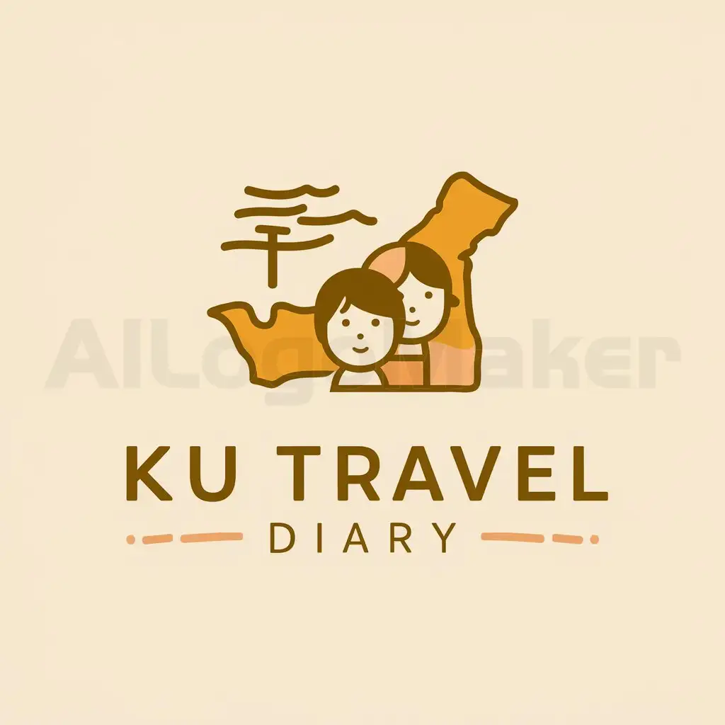 a logo design,with the text "KU travel diary", main symbol:Japan/a boy/a girl/simple/wind/warm color tone,Moderate,be used in Travel industry,clear background