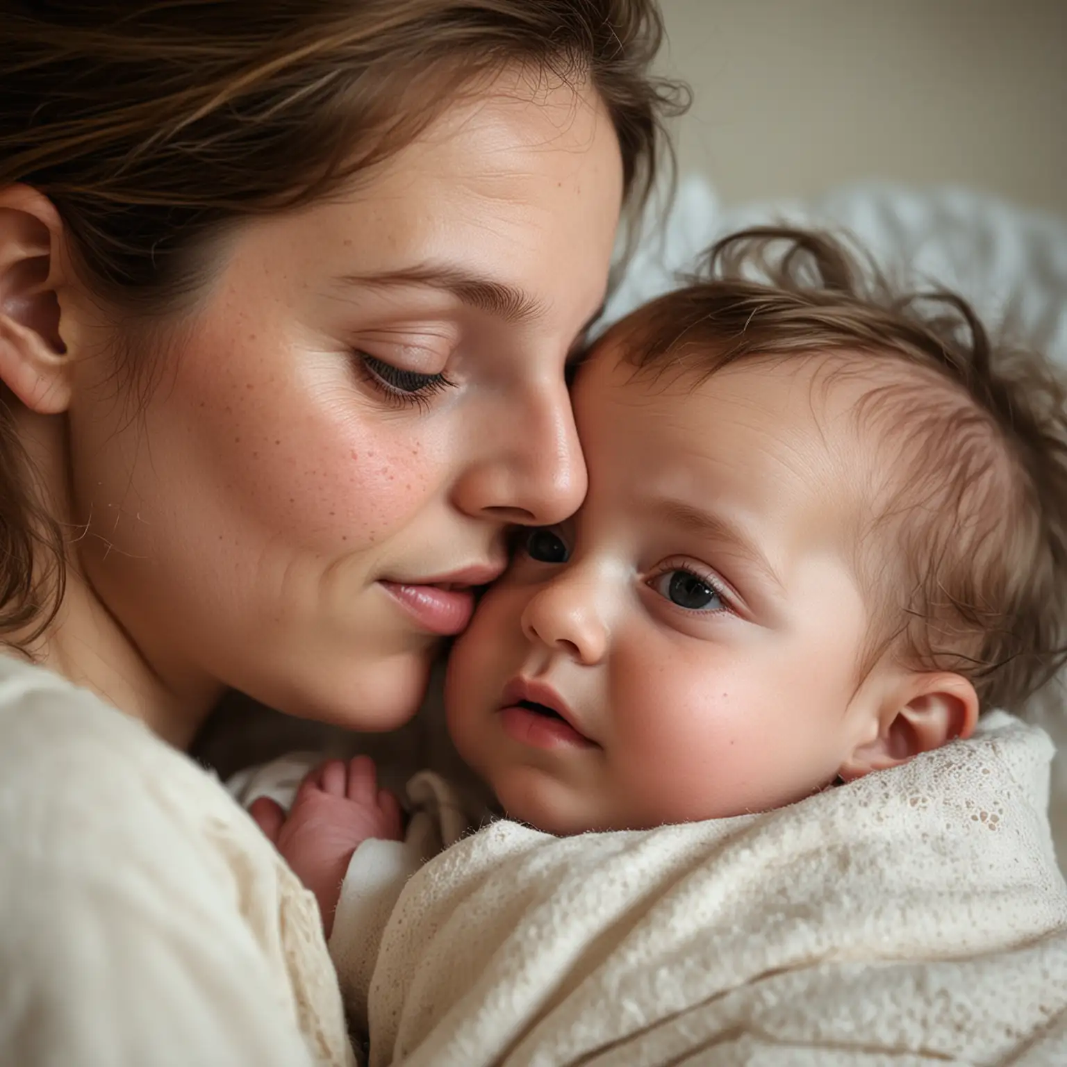 le doux visage d'une maman qui se penche sur le berceau de son bébé, photographie, réaliste 