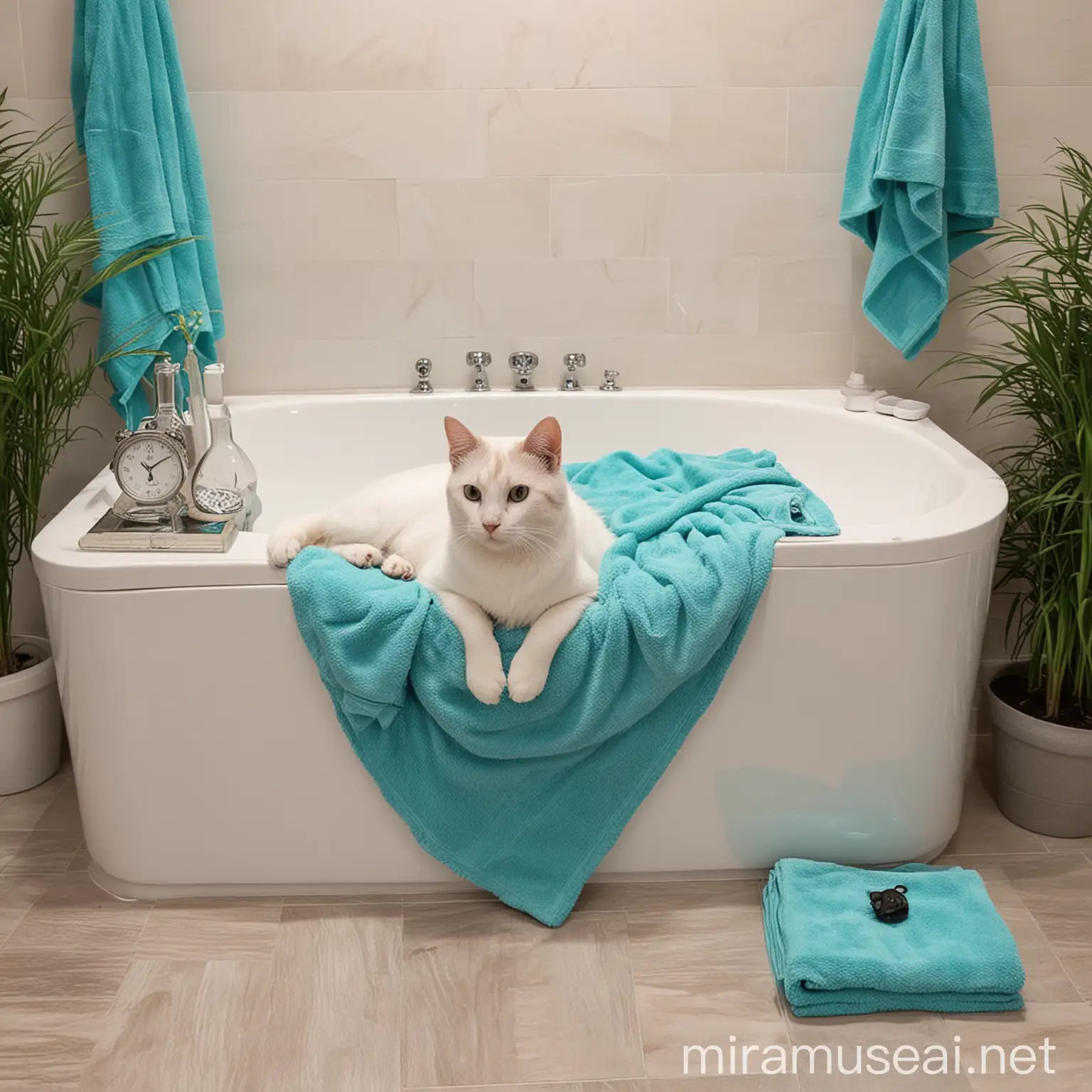Кошка сидит в джакузи. Рядом белой тумбочке лежат бирюзовые полотенца. 