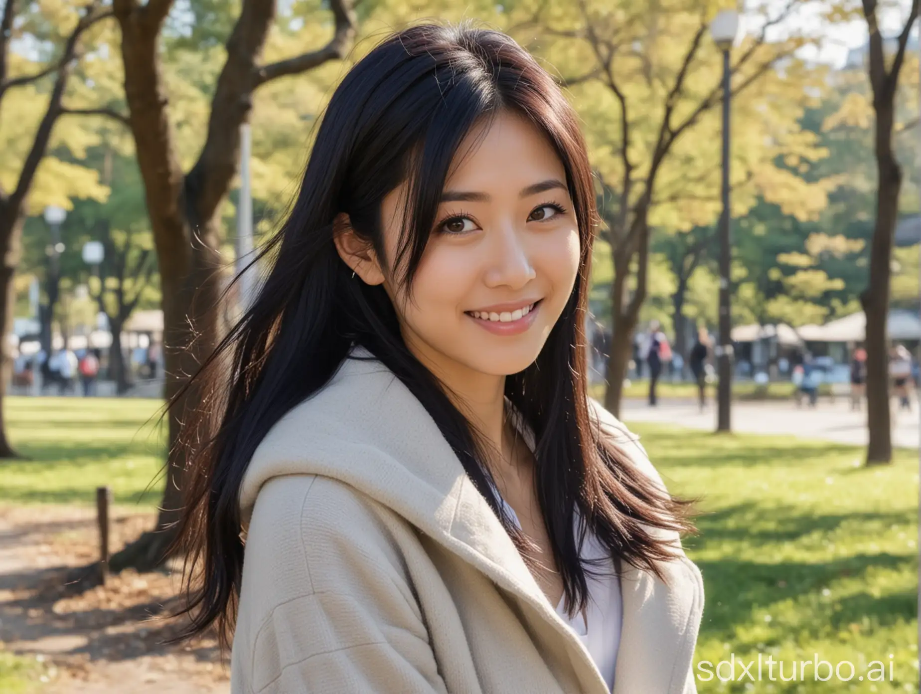 beautiful intellectual typical Japanese 33-year-old girl in a park smiling, sexy, Instagram model, long black hair, warm, black eyes, height 6.5 feets, female, masterpiece, 4k, correct fingers or hands, modern clothes