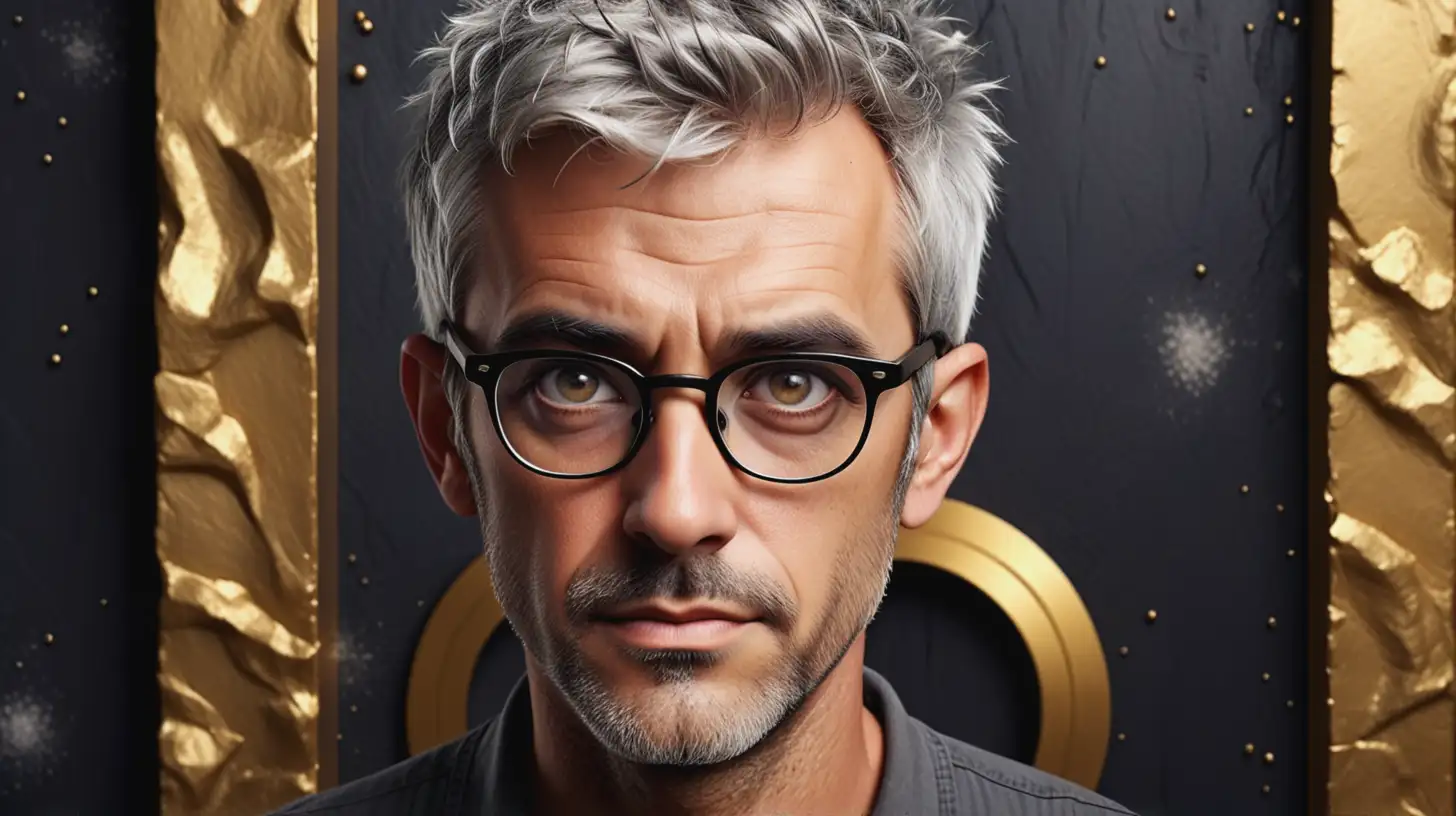 /imagine a Disney style character of a beautiful   RUGGED MAN with VERY short SILVER OR SALT AND PEPPER hair, wearing glasses, big INTENSE eyes, looking at the camera in a portrait style photo, with a black and gold wall as background --ar 9:16