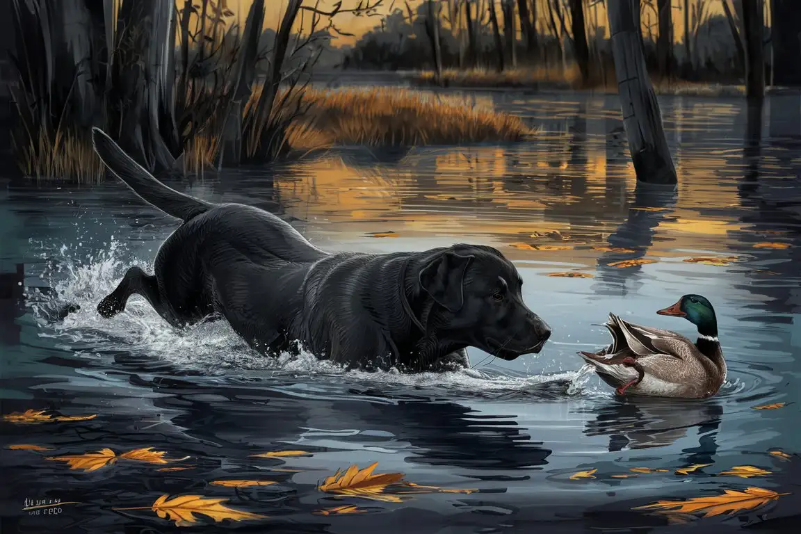 late fall in flooded timber, a skillfully rendered sketch illustration of a Black Labrador Retriever swimming to fetch a wounded duck 