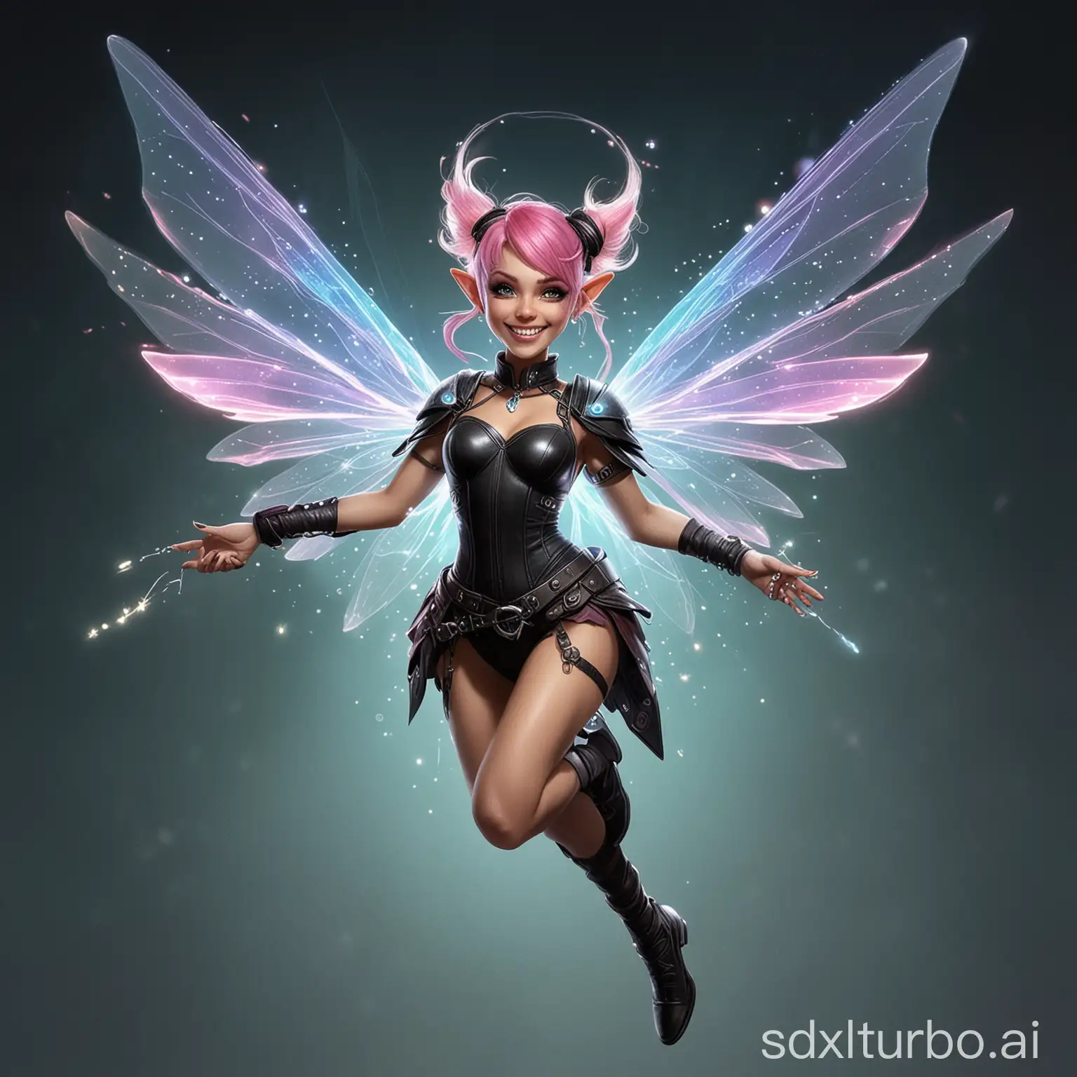 Create an image about "A Shadowrun legend". Show a bold, small, flying pixie posing like a diva and grinning. The pixie flies with sparkling, translucent fey-wings and holds a small hologram in the left hand.