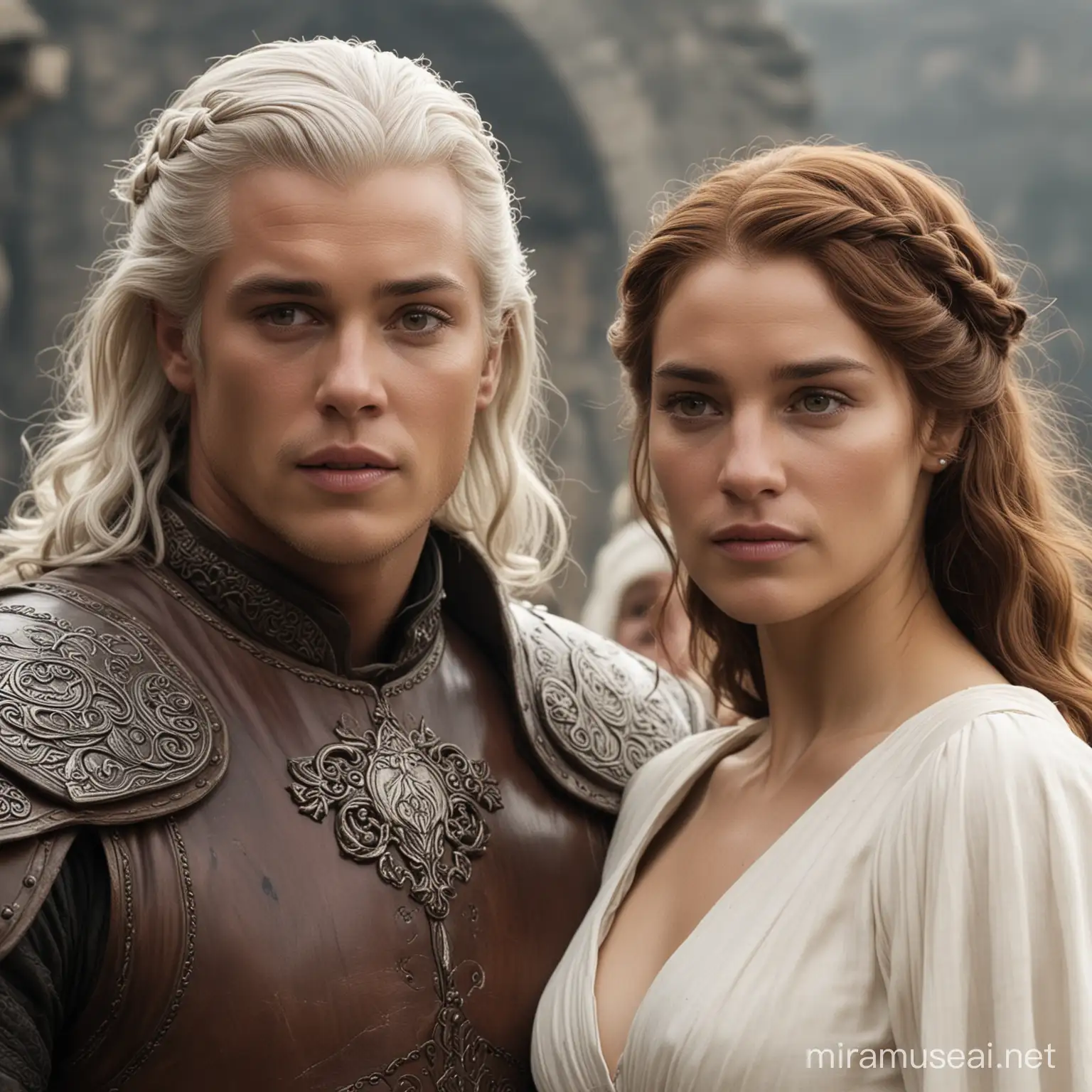 Taeron Targaryen and His BrownHaired Wife in a Regal Portrait