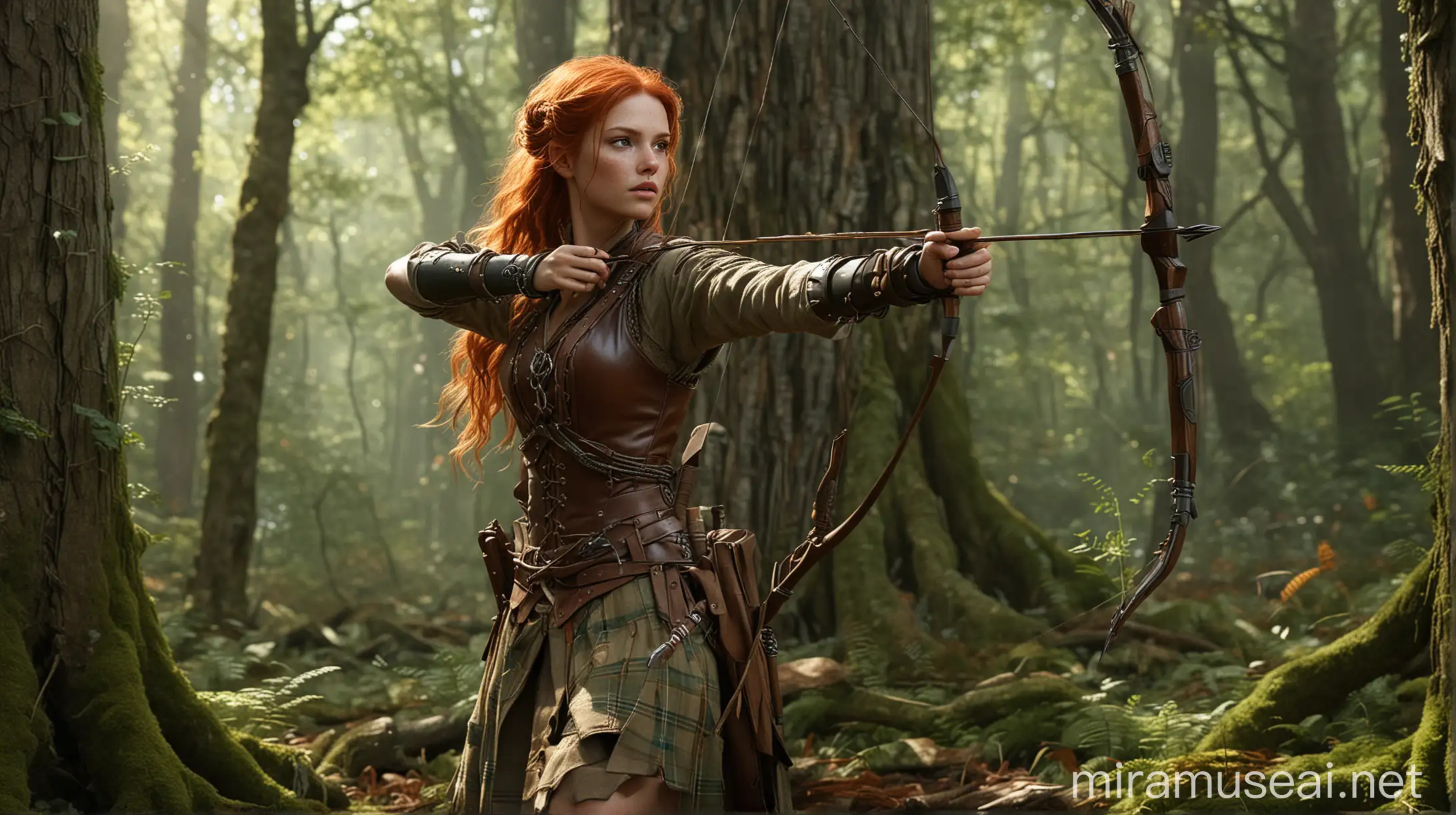 Render a highly realistic image set in a moody, primordial forest - towering trees with twisting branches, dense foliage evoking untamed wilderness, and dappled lighting filtering through creating an otherworldly atmosphere.
Within this enchanted forest scene, include:
A red-haired Caucasian archer woman with long braided red hair, striking green eyes, fair skin with freckles. Dress her in a tan leather tunic, arm bracers, brown breeches/boots. Pose her drawing a longbow, an arrow aimed at her target.
Her target should be an upscale green designer purse atop a tan dog bed between tree roots. Directly behind, a brown/green upright vacuum leaning on the tree trunk.
Also incorporate a closed, leather-bound antique book on the forest floor, pages ruffling. Optional elements: brass lantern, steaming mug, plaid wool blanket over a log.
Render all elements together in one cohesive, finely detailed scene capturing the mystical forest setting and curated inventory.